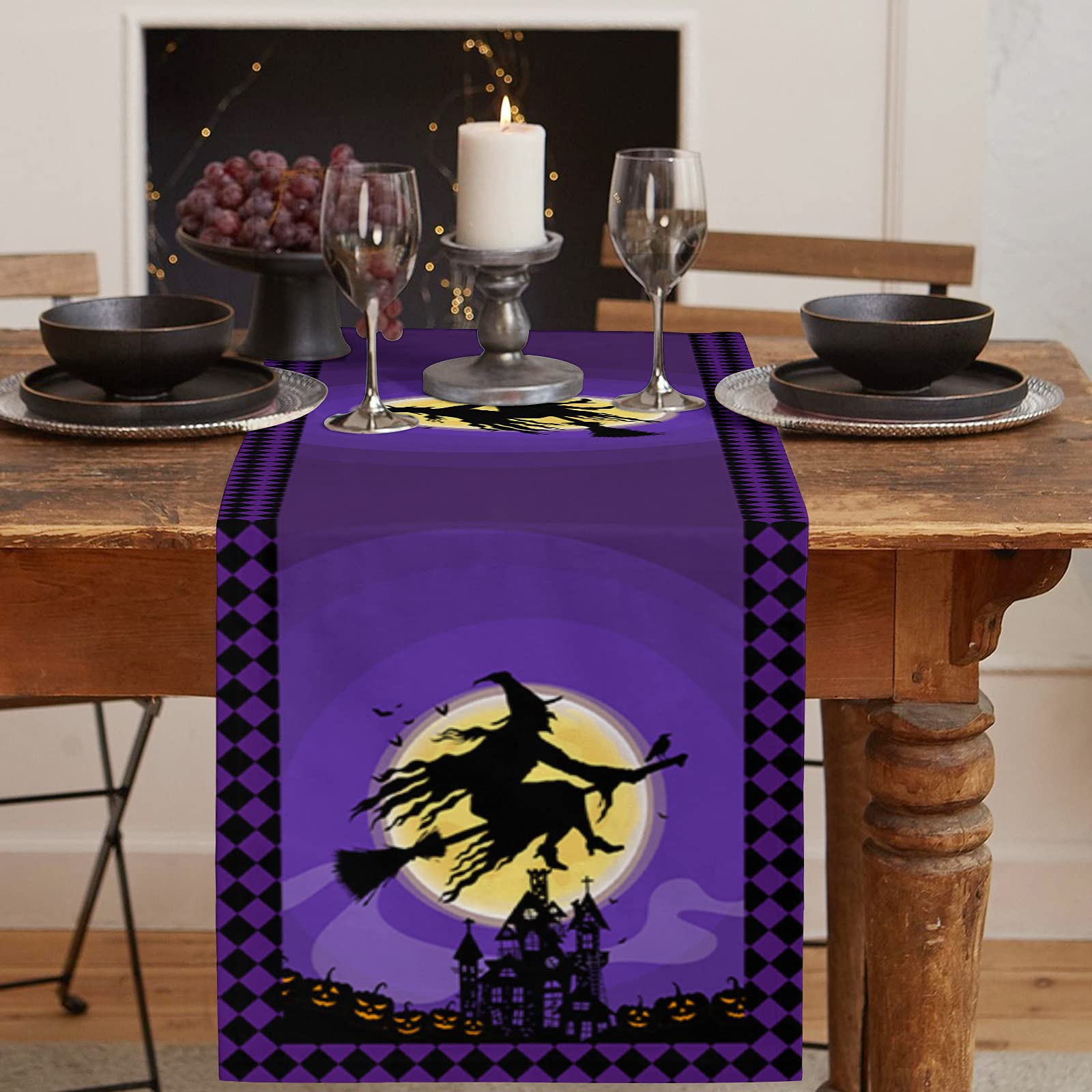 36 Inch Halloween Table Runner - Witches Haunted House Design for Parties, Ceremonies & Banquets | 13x36 Inch Purple Black Moon Night Decor | Perfect for Indoor/Outdoor Dining Tables, Buffets & Dressers