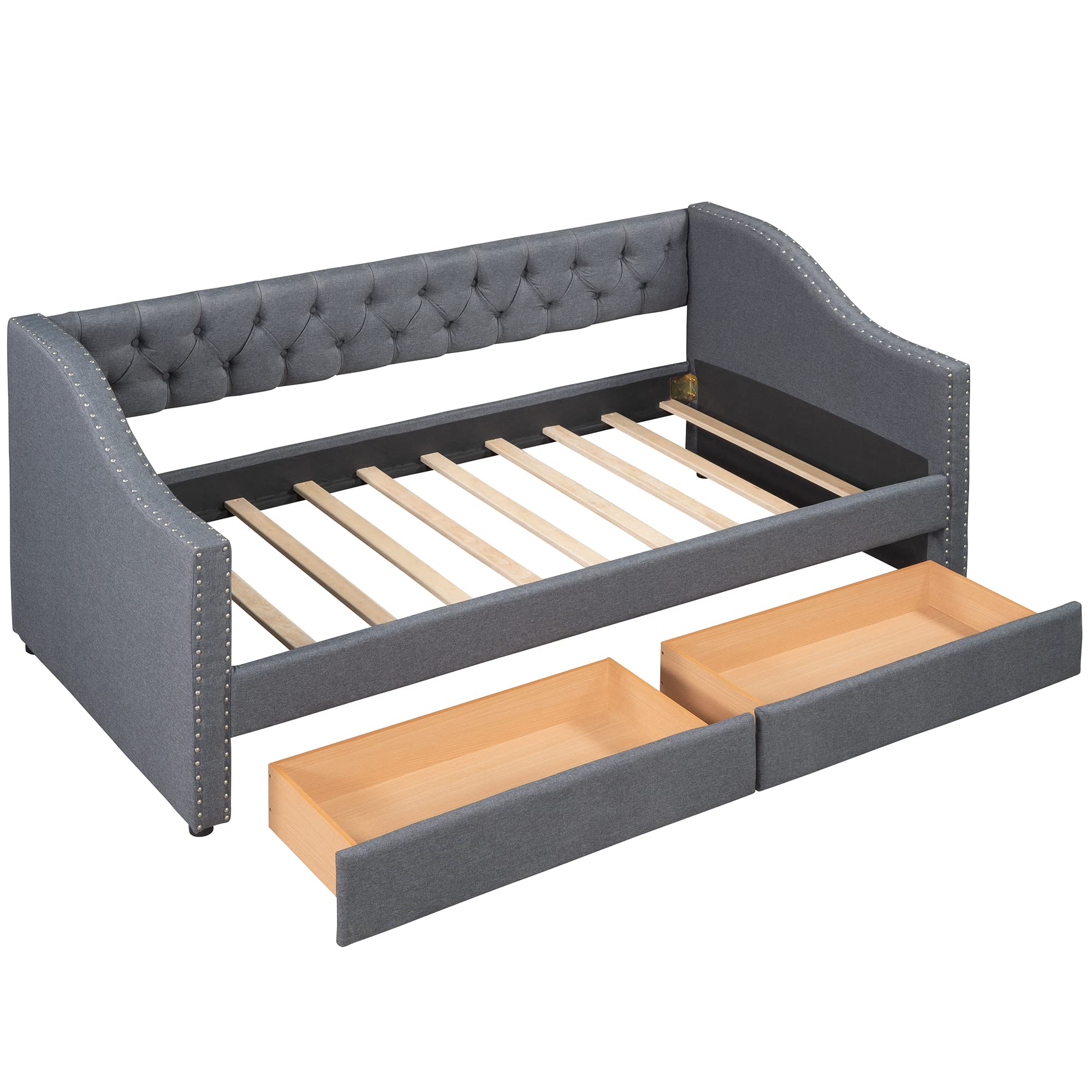 Gray Velvet Upholstered Daybed with 2 Drawers - Twin Size Sofa Bed with Wooden Slat Support for Living Room & Bedroom - Perfect for Guest Sleeping, Lounge Relaxation & Small Space Solutions