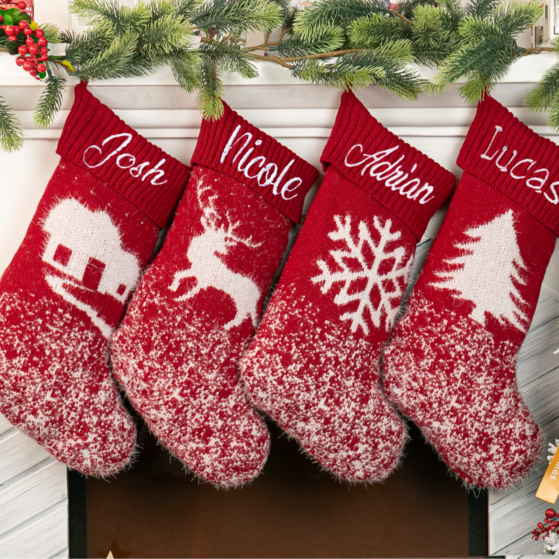 Personalized Christmas Stockings with Custom Names - Large Knit Stockings for Family, Fireplace & Xmas Tree Decor - Embroidered Burgundy Holiday Stocking - Perfect for Christmas Gifts, Parties & Festive Home Decoration