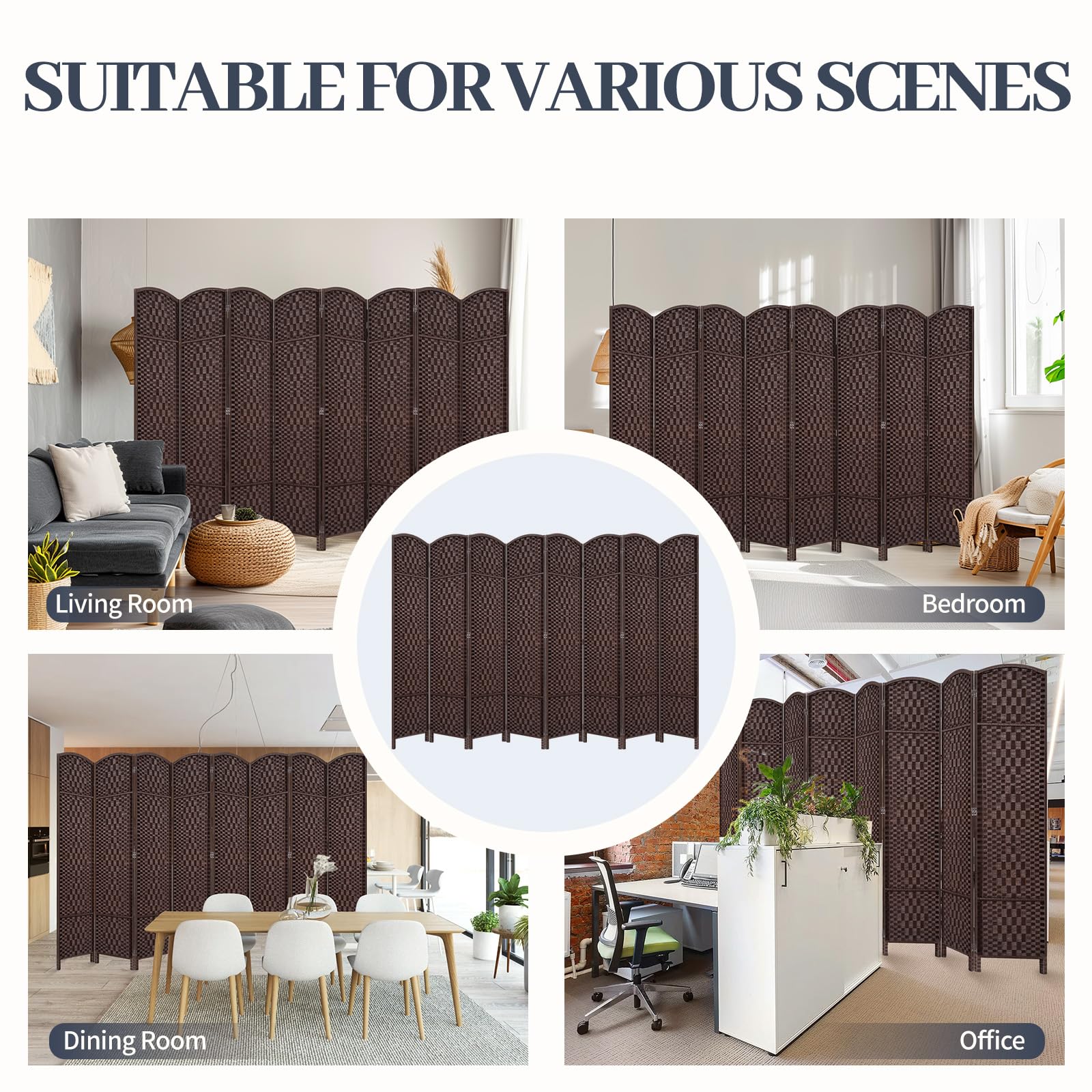6FT Room Divider Folding Privacy Screen - 8 Panel Brown Space Separator for Home Office, Bedroom Partition & Room Separation - Portable Wall Divider for Indoor Privacy & Space Organization