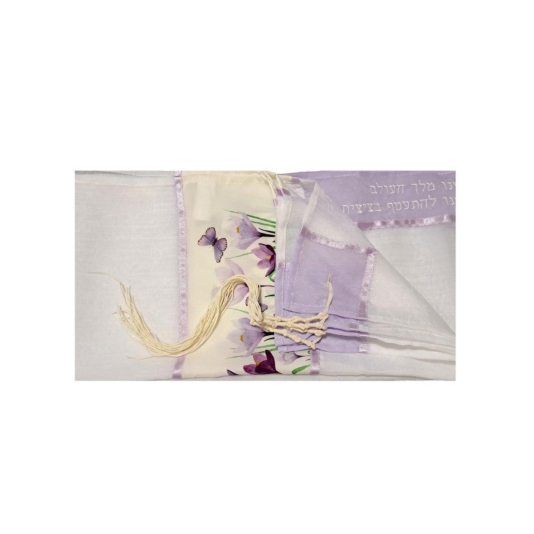 Lilac Crocuses Field Tallit Prayer Shawl for Women & Girls - Elegant Tzitzit Shawl for Bat Mitzvah, Synagogue & Jewish Ceremonies