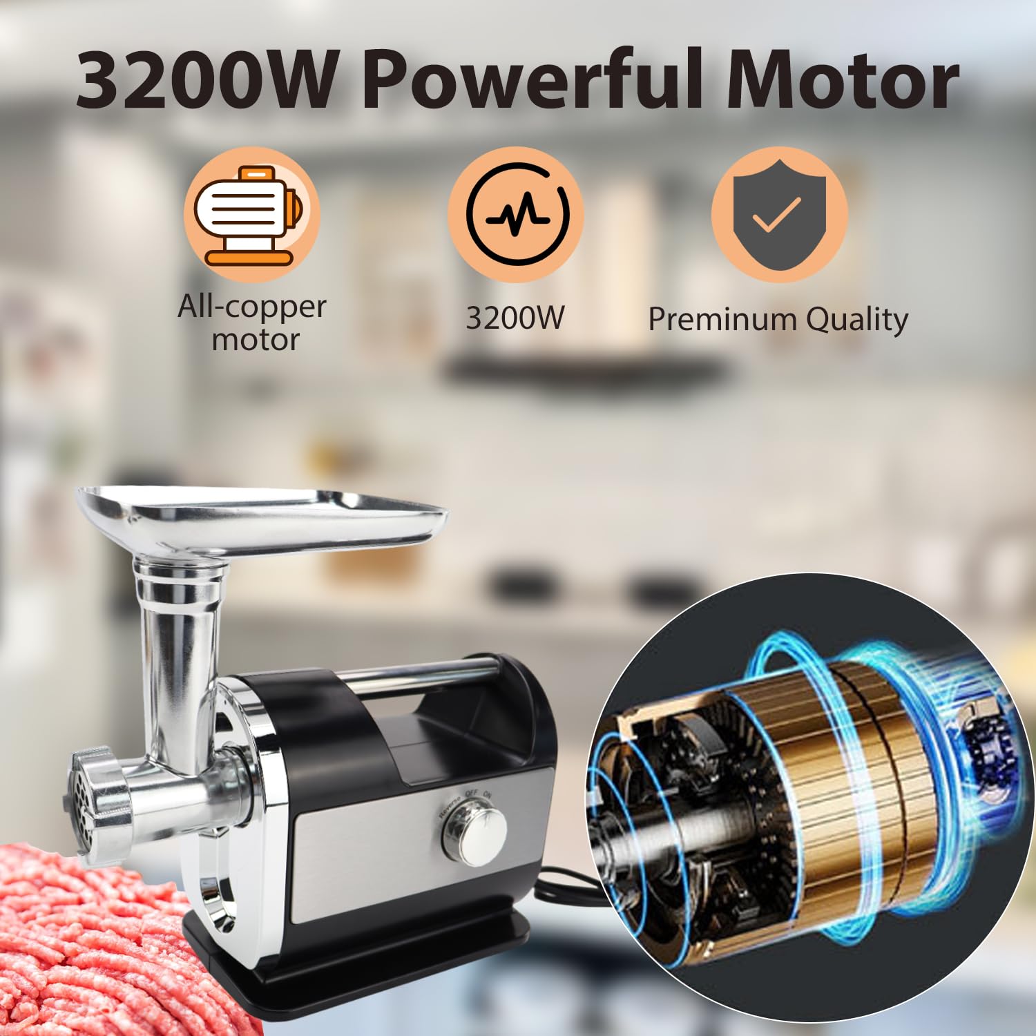 3200W Electric Meat Grinder & Sausage Maker - Heavy Duty Commercial Food Processor with Sausage & Kubbe Kit, 4 Stainless Steel Plates - Perfect for Home Kitchen, Butcher Shop & Restaurant Use