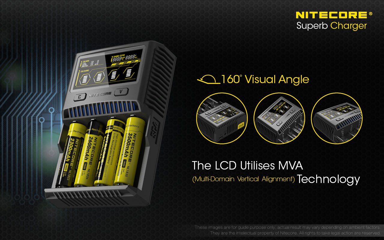 Nitecore SC4 LCD 4-Slot Smart Battery Charger for Li-ion IMR LiFePO4 Ni-MH - Fast Charging for 18650 21700 AA AAA Batteries - Perfect for Flashlights Vaping Devices and Electronics