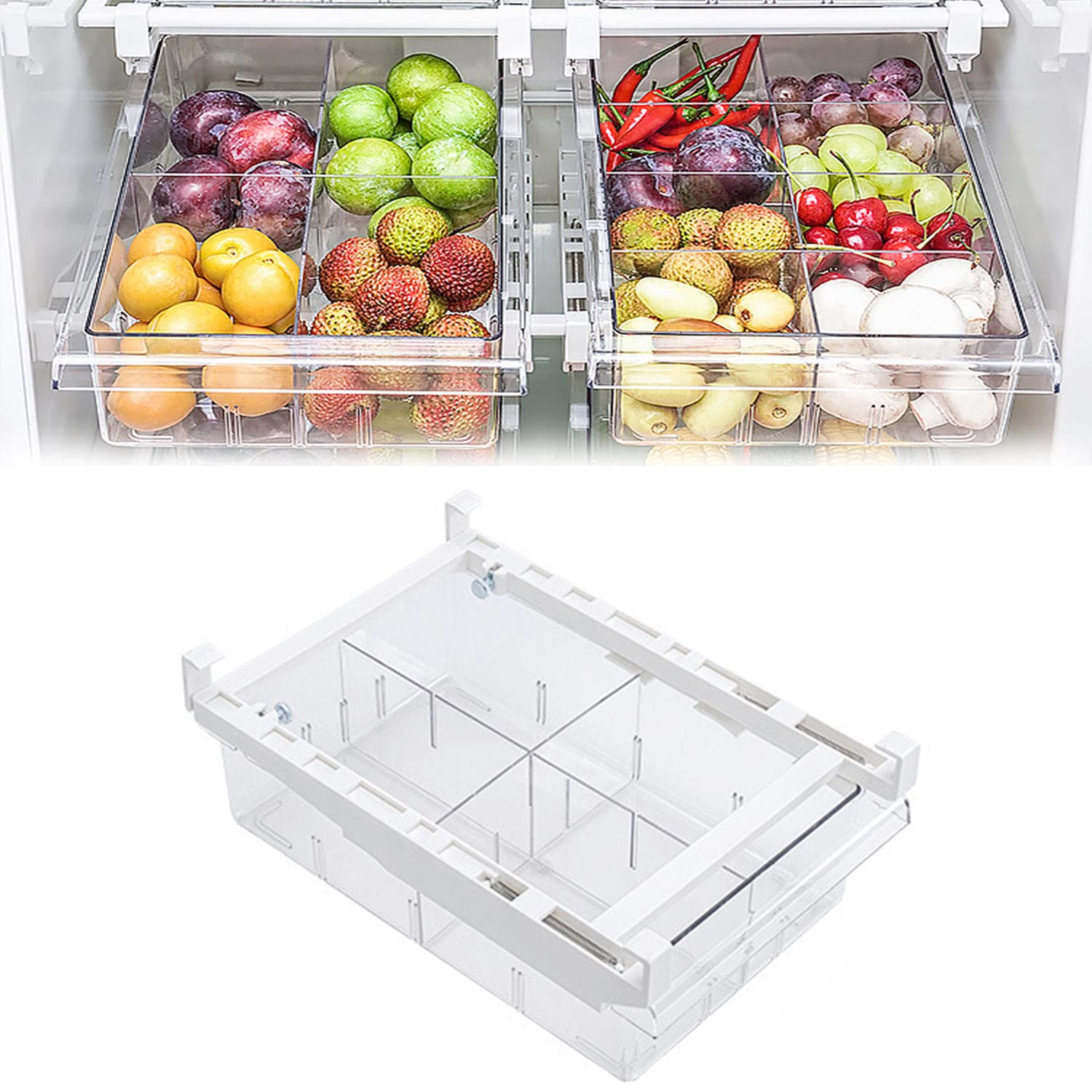 JINYISI Fridge Organizer Drawer - 4 Grid & 8 Grid PET Plastic Refrigerator Storage Box, Clear Rectangular Crisper with Dividers | Perfect for Fruits, Vegetables & Meal Prep Organization