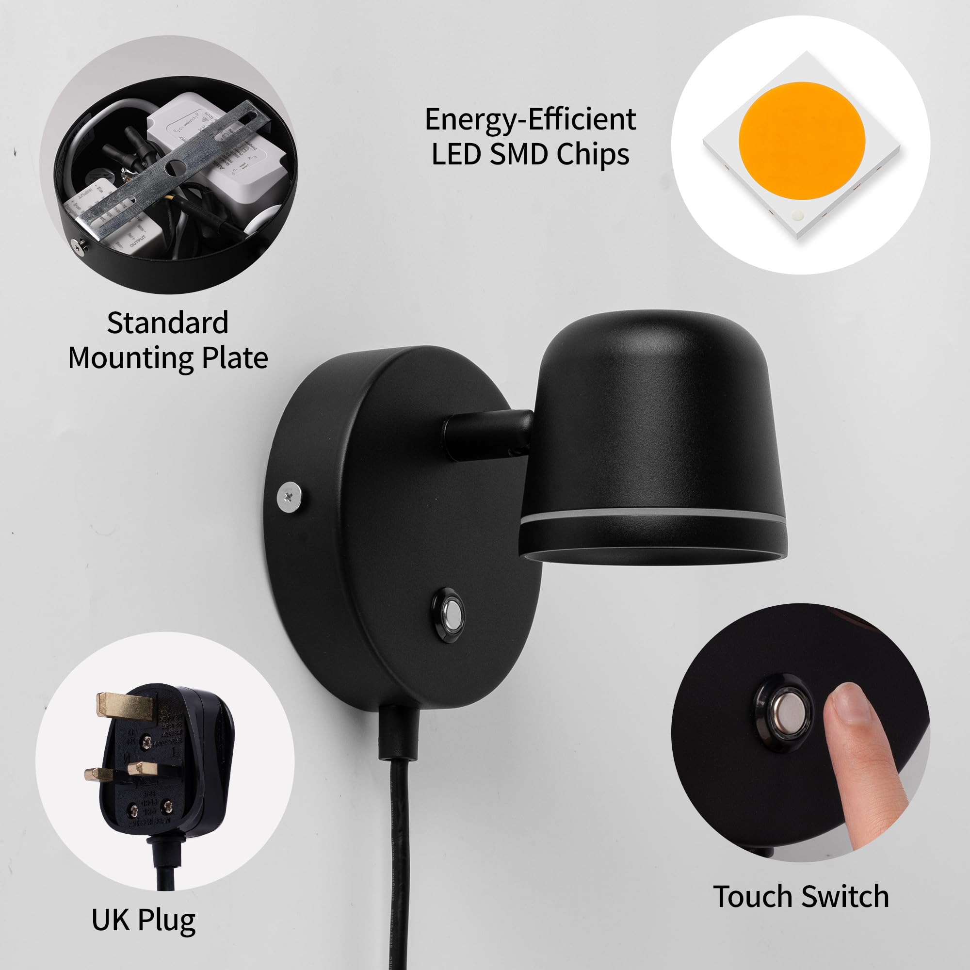 Aisilan Plug in Wall Light - Black Adjustable LED Wall Sconce with Touch Switch, Dimmable Bedside Lamp for Bedroom, Living Room, Hallway - Perfect for Reading, Night Light & Home Decor