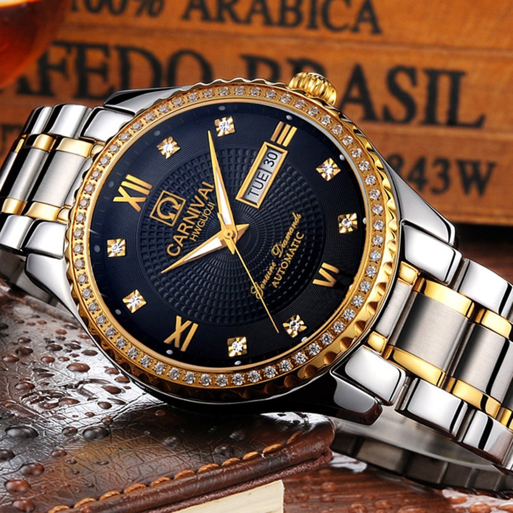 Gosasa Swiss Made Men's Luxury Gold Watch - Automatic Analog Display with Calendar, Week Indicator & Luminous Hands - 18K Gold Plated Stainless Steel Diamond Watch for Business, Formal Events & Special Occasions