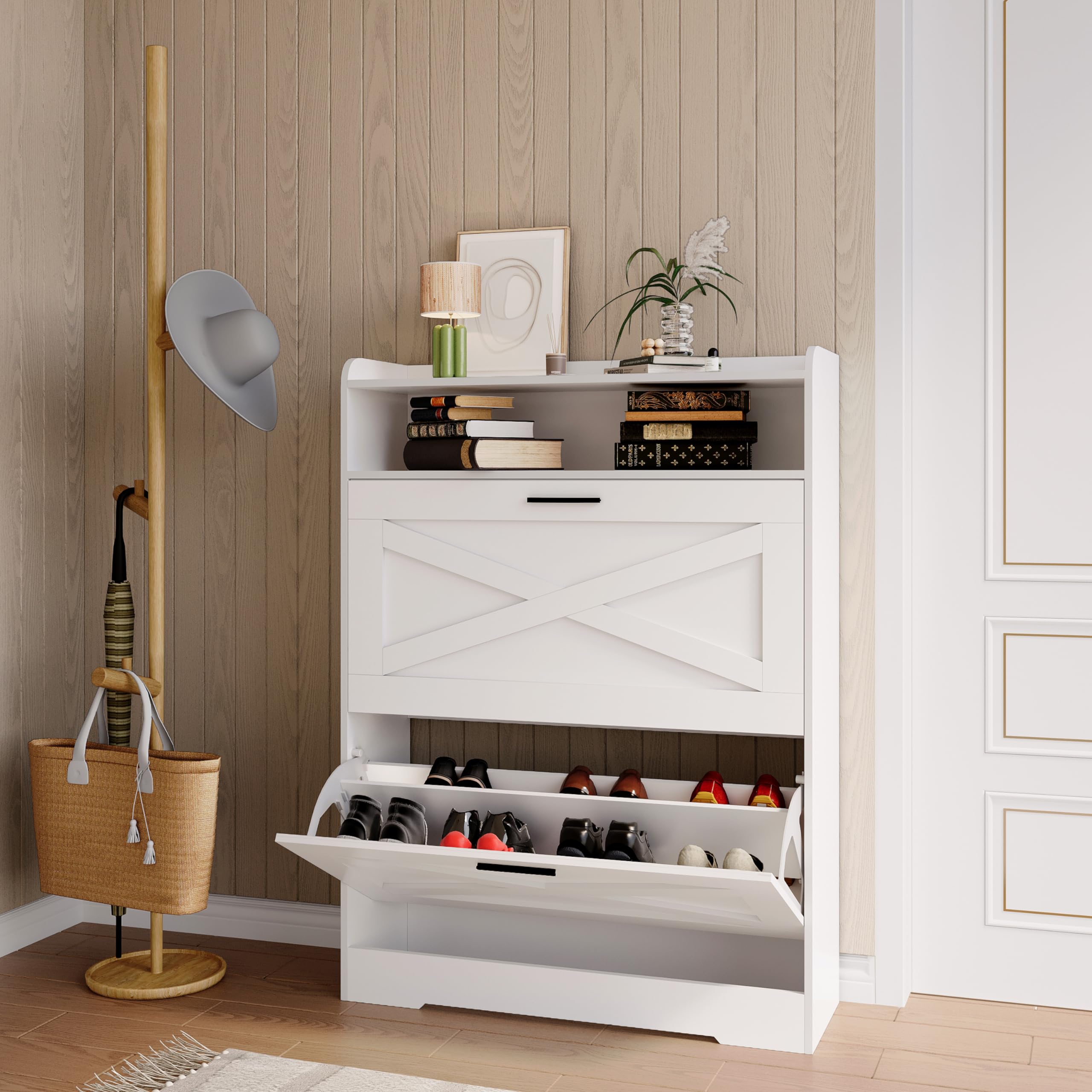 Large Shoe Cabinet with 2 Flip Drawers - Free Standing Tipping Bucket Shoe Rack Organizer for Entryway, Hallway, Bedroom - Modern Shoe Storage Furniture (White) - Perfect for Small Spaces & Home Organization