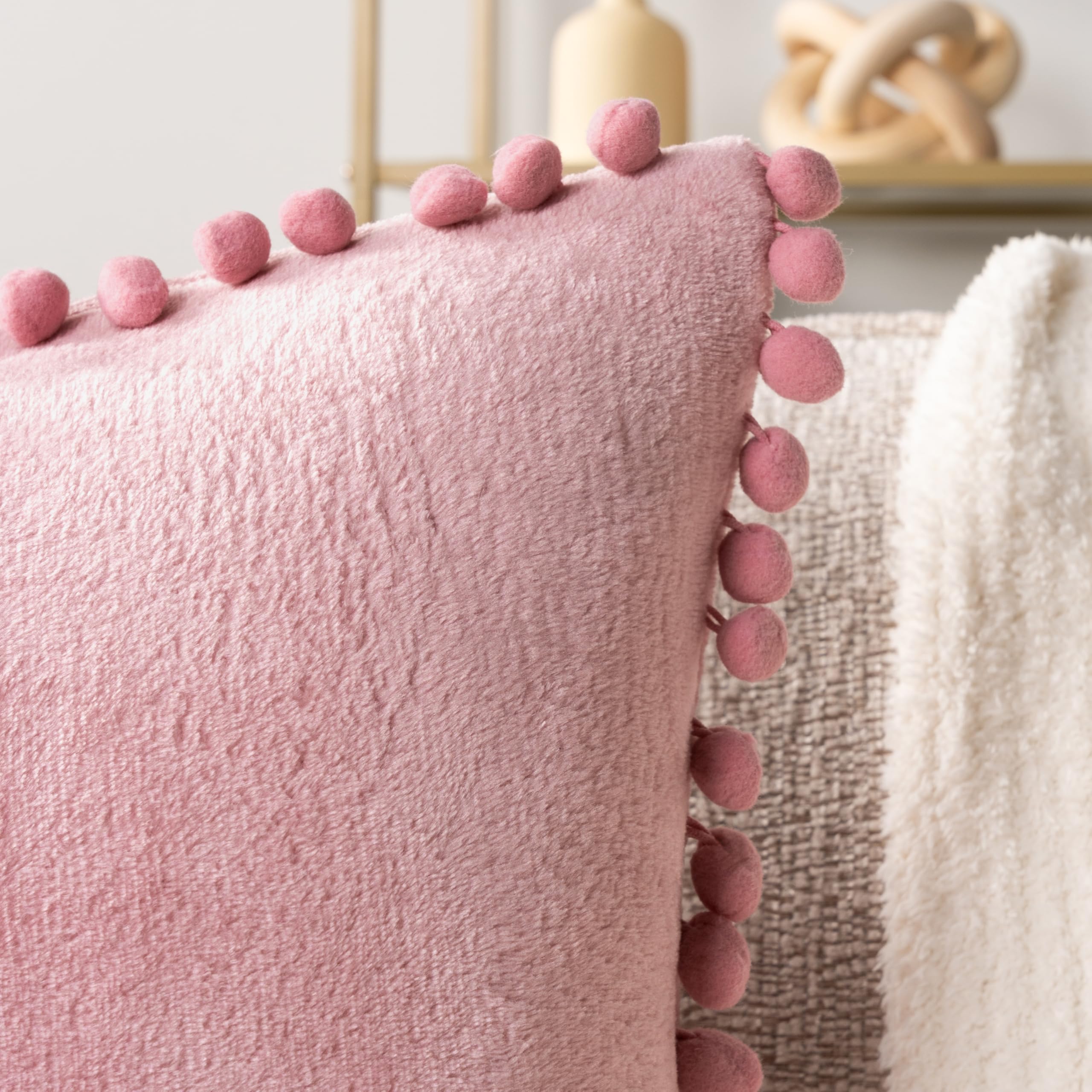 PAVILIA 20x20 Blush Pink Velvet Throw Pillow Covers Set of 2 - Soft Pom Pom Decorative Cushion Covers for Bed, Sofa, Couch & Home Decor - Cozy Living Room & Bedroom Aesthetic Accessories