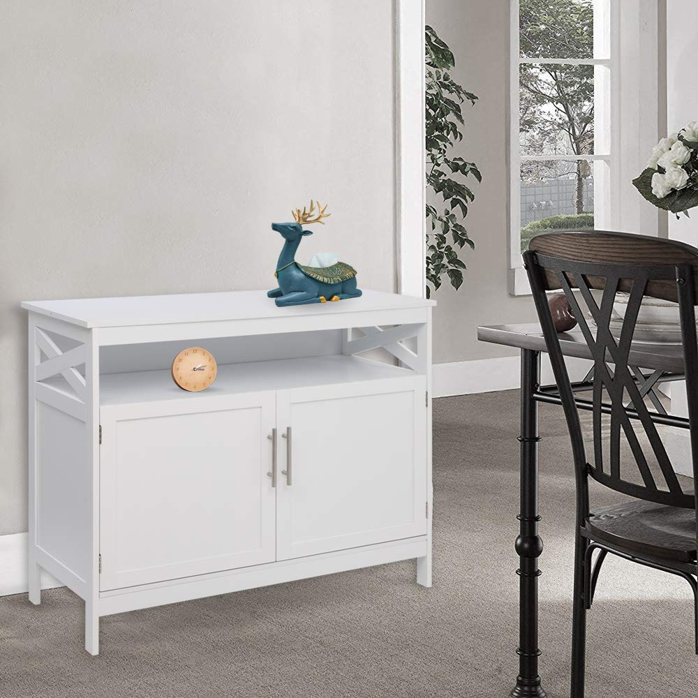 White Double Door Storage Cabinet - Pantry & Multipurpose Cupboard with Top & Bottom Enclosed Space for Kitchen, Living Room, Bedroom & Office Organization | Durable Industrial Style Home Storage Solution