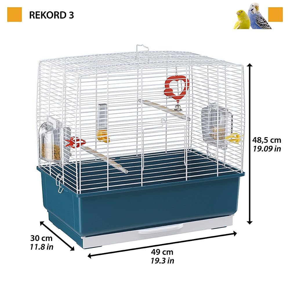 Ferplast Rekord 3 Canary Bird Cage - White Metal with Blue Plastic Base (49x30x48.5cm) | Includes Accessories & Rotating Feeders | Durable Home & Aviary Use for Small Birds