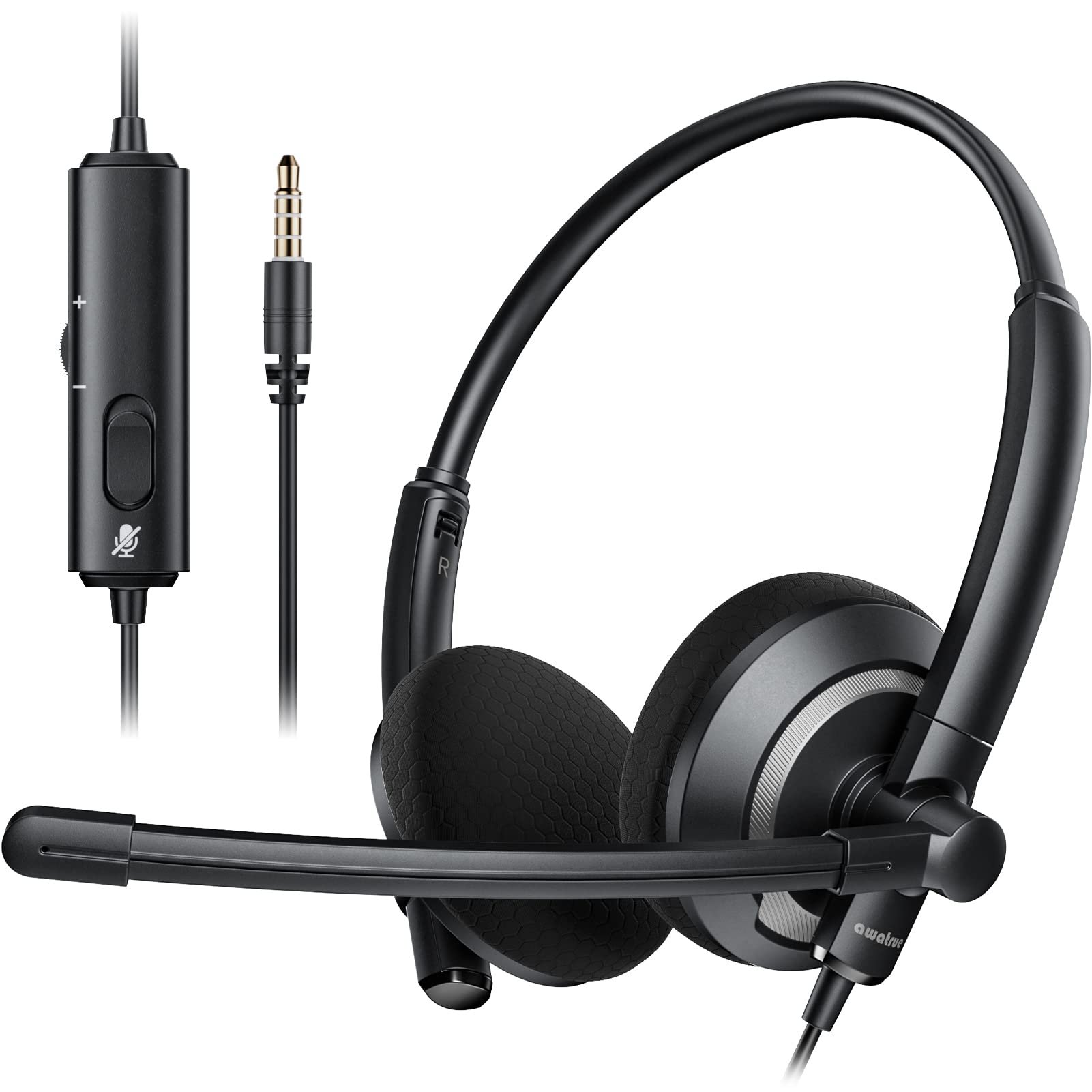 Noise Cancelling Wired Headset with Microphone for PC & Laptop - 3.5mm Jack On-Ear Headphones with In-Line Volume Control, Comfortable Ear Cushions for Skype Calls, Webinars, Gaming & Online Meetings