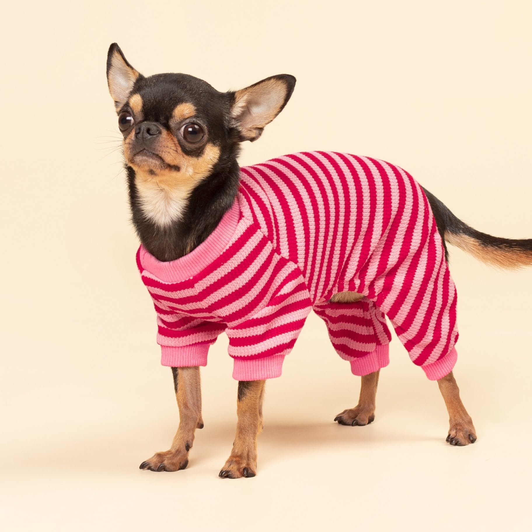 Fitwarm Pink & Red Striped Dog Pajamas - Waffle Knit Pet Onesie with Feet for Small Dogs & Cats (XS) - Cozy Winter Sleepwear for Puppies & Kittens