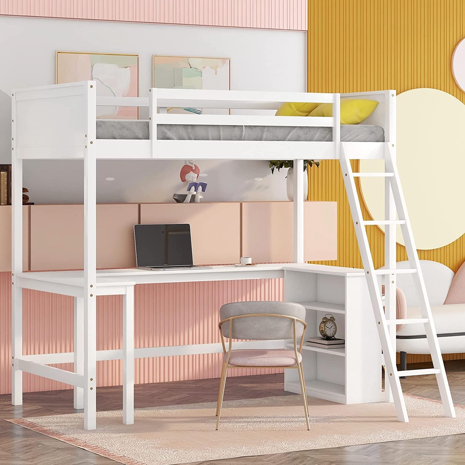 MERITLINE Twin Loft Bed with Study Desk & Storage Shelves - Sturdy Wooden Bunk Bed for Kids, Teens, Boys & Girls - Space-Saving Design (No Box Spring Needed) - Perfect for Small Bedrooms, Dorm Rooms & Kids' Study Areas (Twin Size, White Finish)