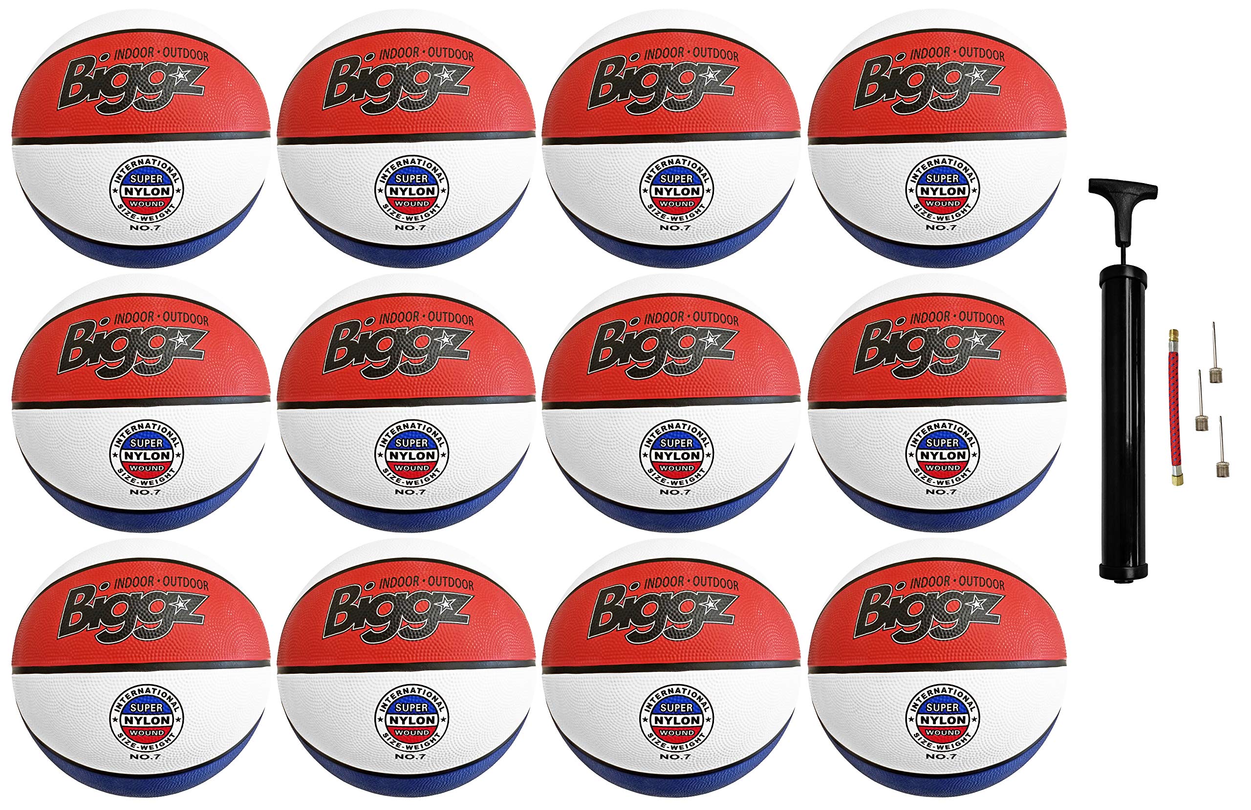 Biggz Size 7 Basketballs - Red/White/Blue Bulk Pack with Pump for Team Practice & Games