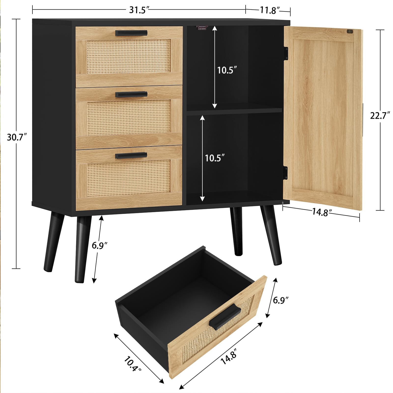 Iwell Rattan Storage Cabinet with 3 Drawers & Adjustable Shelf - Entryway, Living Room, Dining Room Accent Cabinet - Black & Natural for Home Organization & Stylish Decor