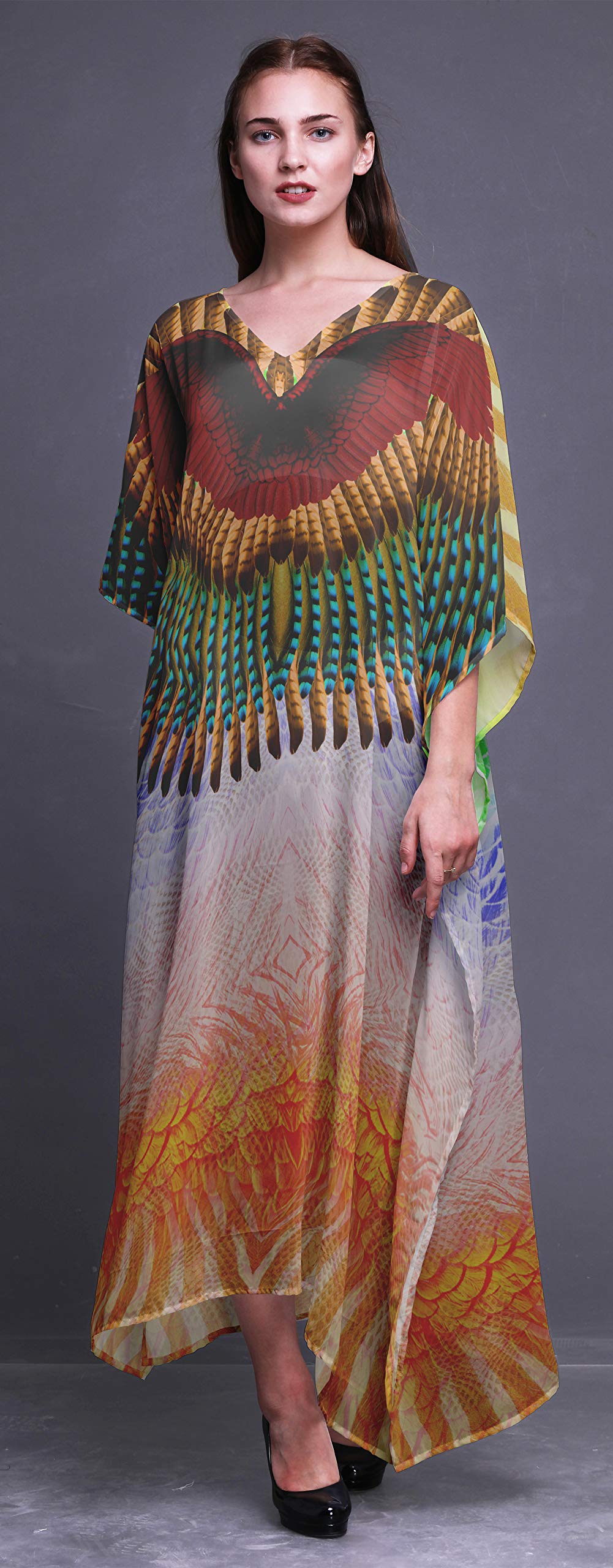 Tribal Feather Women's Long Beach Kaftan - Flowy Bikini Cover Up Maxi Dress for Summer Vacation, Pool Party & Boho Fashion | Lightweight Beachwear with Bohemian Style