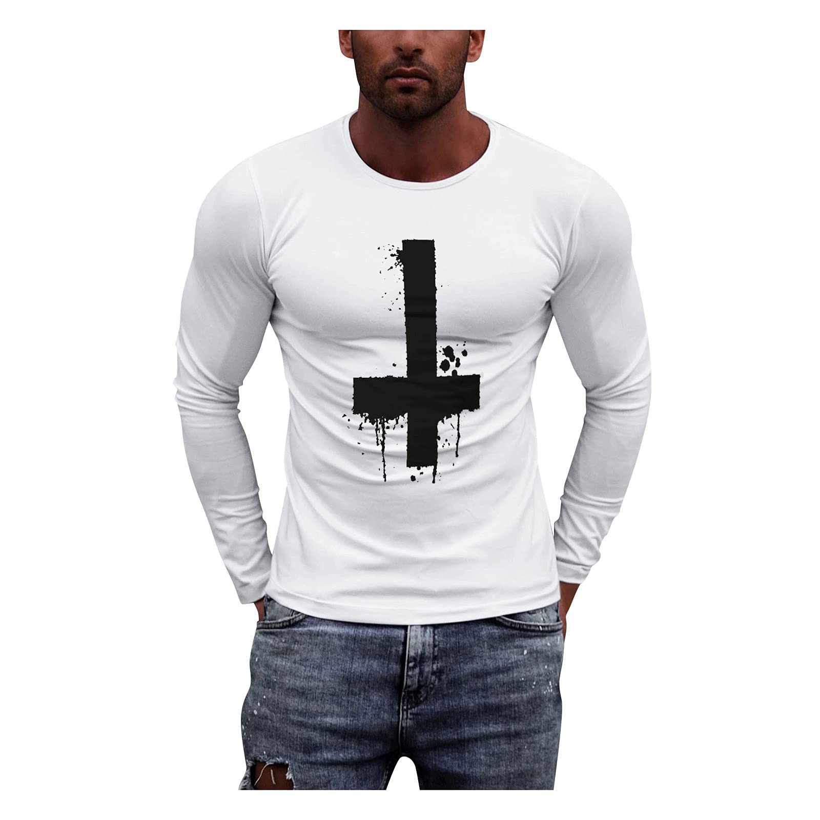 UBST Men's Long Sleeve Graphic Print Crewneck T-Shirt - Fall Casual Workout & Sports Tee for Gym, Running, Outdoor Activities