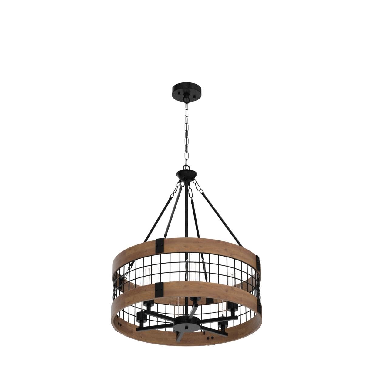 6-Light Farmhouse Wood Chandelier - Rustic Dining Room Pendant Light with Industrial Black Metal Finish | Perfect for Kitchen Island, Entryway, Foyer & Living Room Lighting Decor