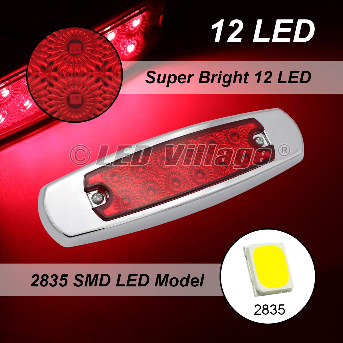 12V DC 6.4 Inch Slim Red LED Side Marker Lights - Waterproof Flush Mount Clearance Lamps for Trucks, Trailers, Lorries, Towing Vehicles [Pack of 5] - Durable Chrome Button Design for Safe Night Driving & Road Visibility