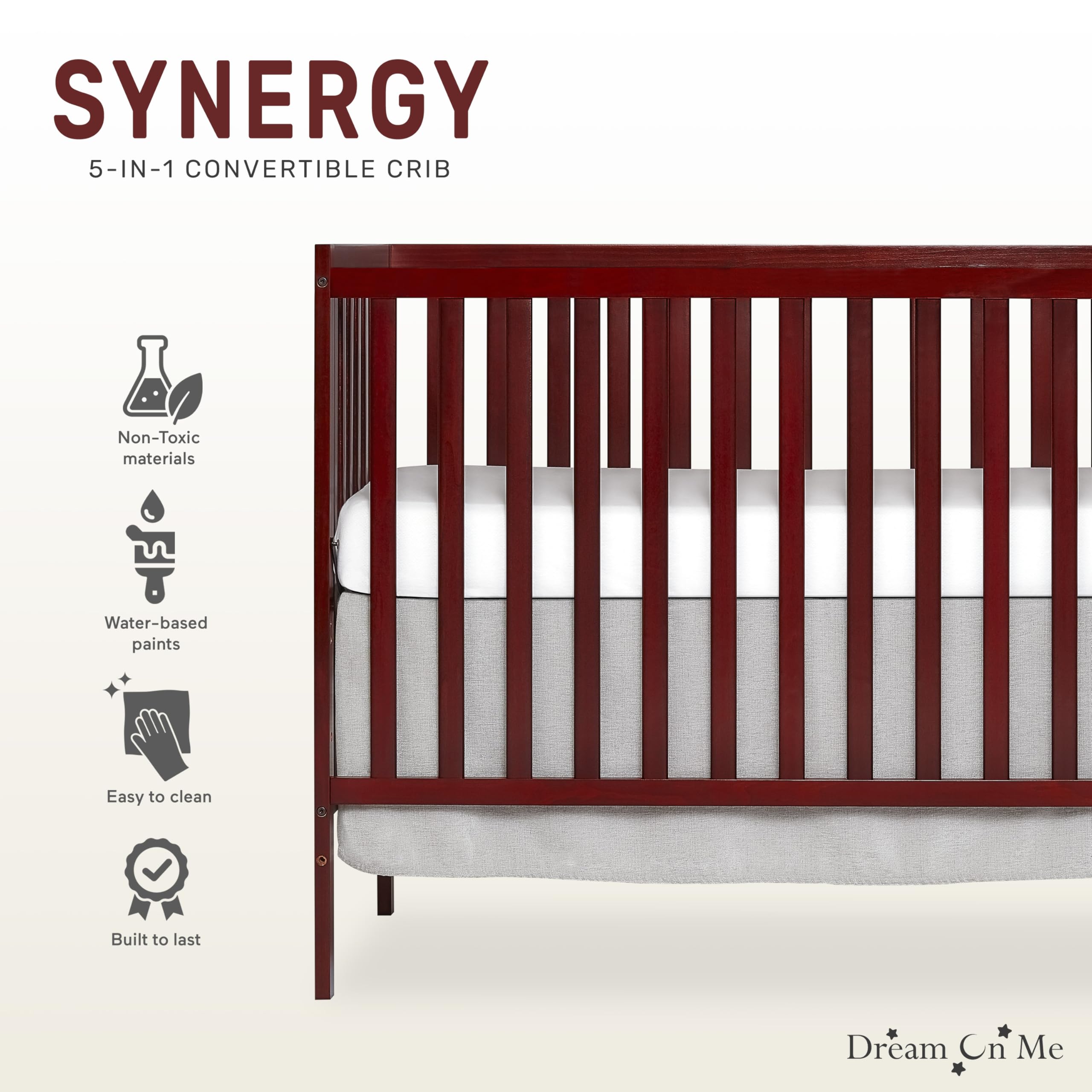 Dream On Me Synergy 5-in-1 Convertible Crib - Cherry Finish | JPMA & Greenguard Gold Certified | Solid Reclaimed New Zealand Pine Wood | 3 Adjustable Mattress Heights | Perfect for Nursery, Toddler Room & Guest Bedroom
