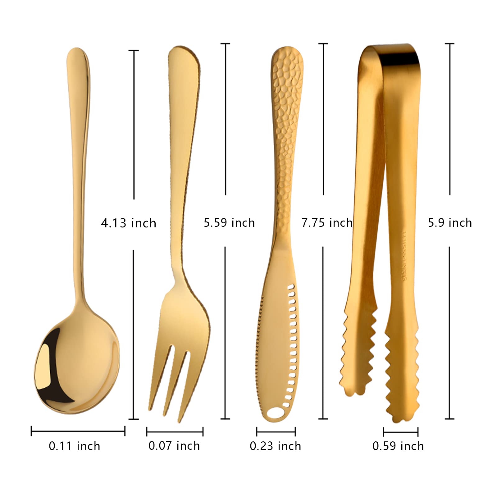 14-Piece Stainless Steel Cheese, Butter & Jam Spreader Set - Includes Round Soup Spoons, Dinner Forks & Mini Serving Tongs - Perfect for Pastry Making, Tea Parties & Kitchen Serving (Gold)