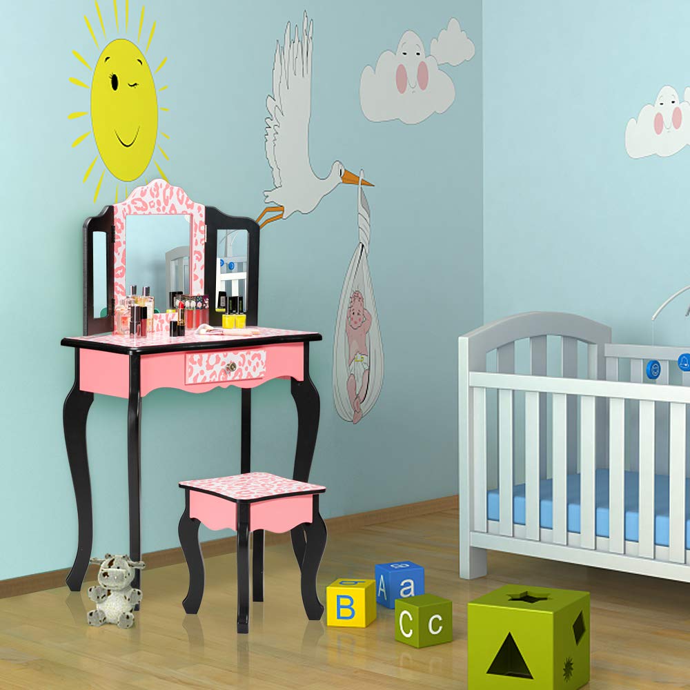 Bonnlo Kids Vanity Set - Modern Princess Vanity Table with Stool & Tri-Folding Mirror, Girls Makeup Dressing Table with Drawer, Perfect for Bedroom Decor & Pretend Play (Pink/White) - Ideal for Birthday Gifts, Room Makeover & Dress-Up Playtime