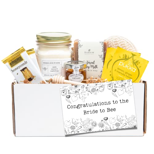 Bridal Shower Gifts for Bride to Be - Luxury Self Care Gift Basket with Soy Candle, Handmade Soap, Honey Tea & Mini Honey Jar - Perfect Wedding Shower Present for New Brides - Ideal for Bachelorette Parties, Bridal Showers & Wedding Gift Giving
