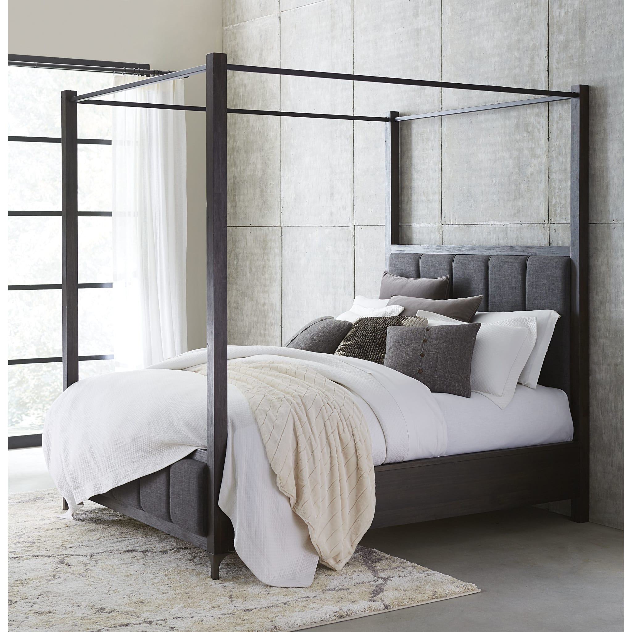 Lucerne Upholstered Canopy Bed Frame - Vintage Coffee Finish Queen Size, Elegant Bedroom Furniture for Master Suite, Guest Room & Luxury Hotel Decor