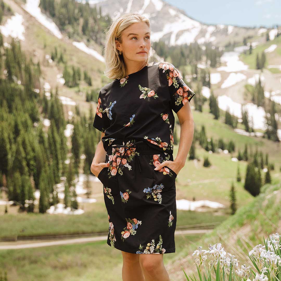 The Away Skirt - Women's Rose Black Flowy Midi Skirt for Casual Wear, Office & Date Night Outfits | Comfortable & Stylish