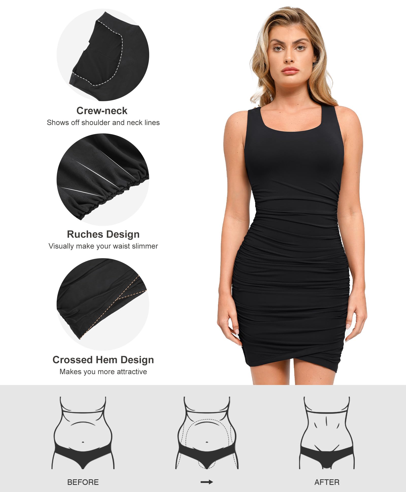 Popilush Women's Mini Dress with U-Neck Shapewear - Tummy Control Bodycon Ruched Dress for Party, Club & Date Night - Perfect for Cocktail Parties, Evening Events & Special Occasions