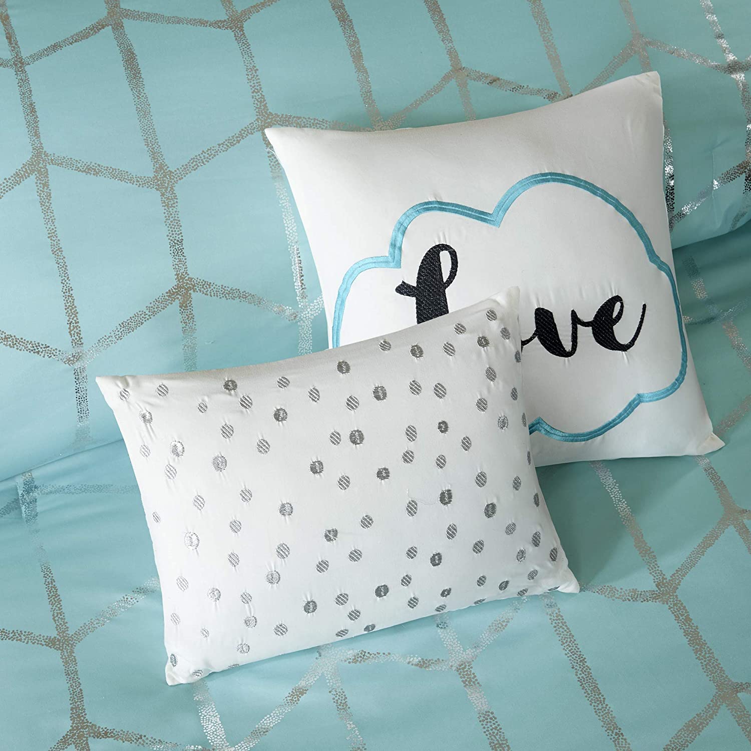 Premium Microfiber King/Cal King Comforter Set - Modern Geometric Metallic Design with 2 Shams & 2 Decorative Pillows - Ultra Soft College Bedding in Aqua Blue - Perfect for Dorm Rooms, Guest Bedrooms & Master Suites