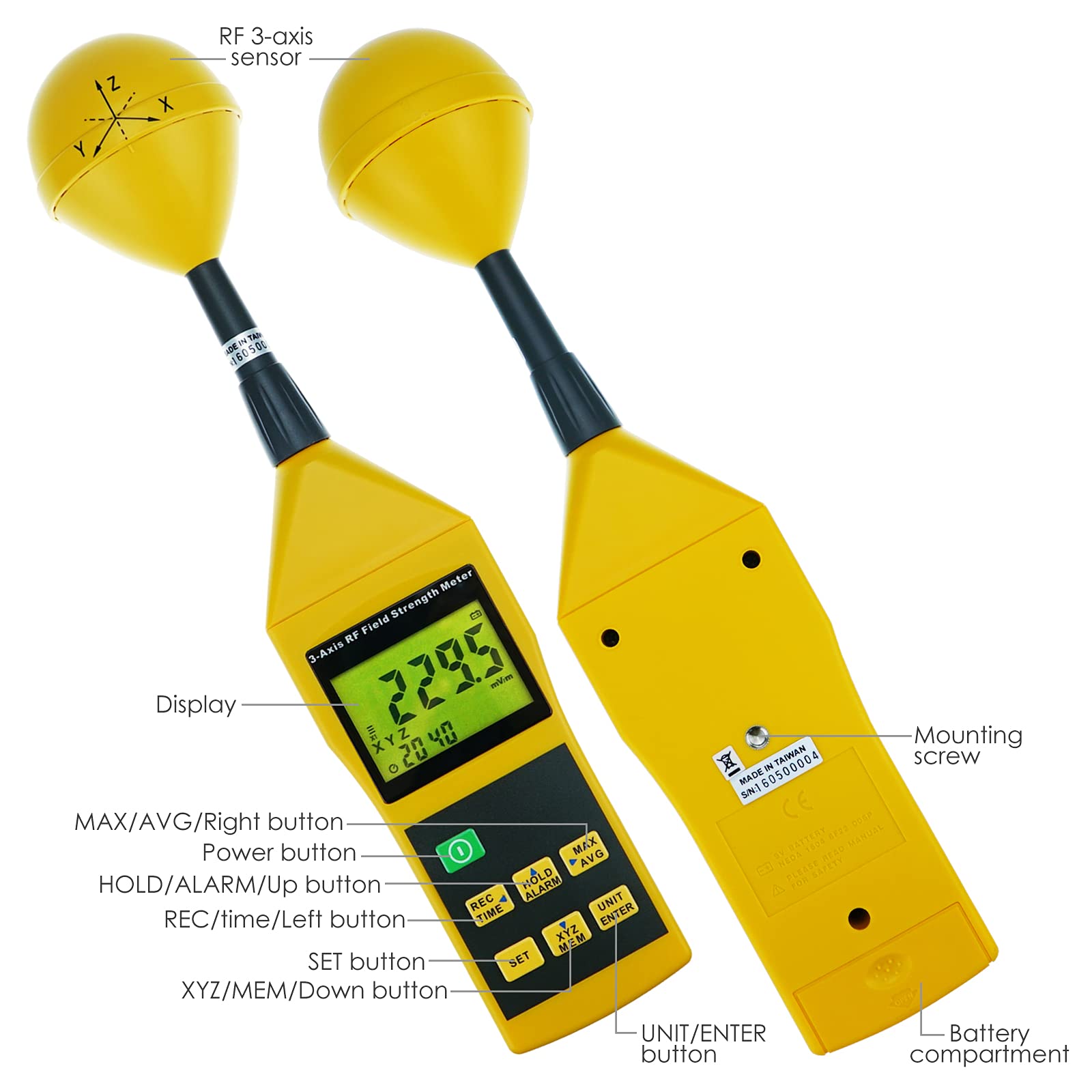 Triaxial RF Field Strength Meter - 10MHz to 8GHz Electromagnetic Radiation Detector with Alarm & Tripod Mount | Compact EMF Tester for Home, Office & Industrial Safety | Perfect for 5G, WiFi, and Cell Tower Radiation Testing