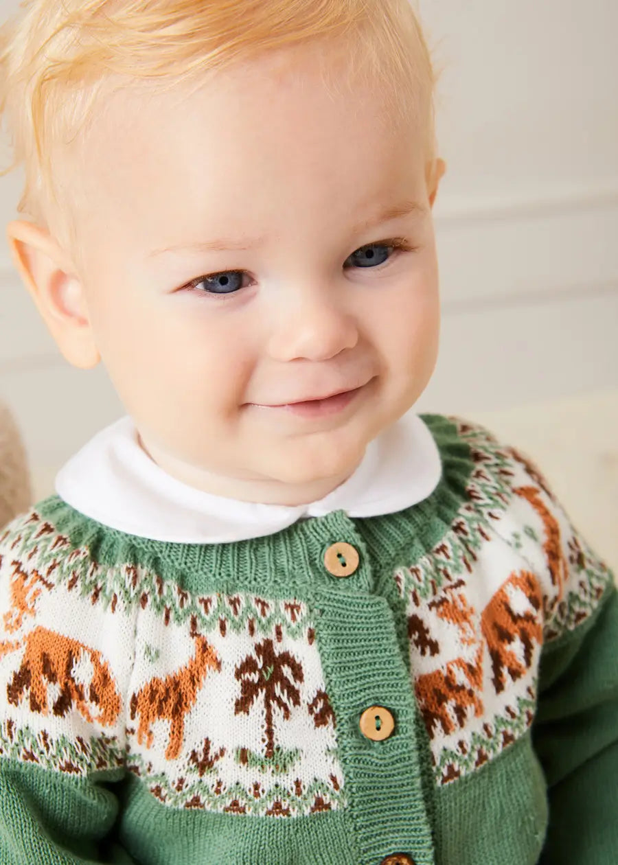 Green Safari Intarsia Cardigan for Kids (6 Months to 6 Years) - Perfect for Outdoor Adventures, Family Photos & Cozy Winter Wear