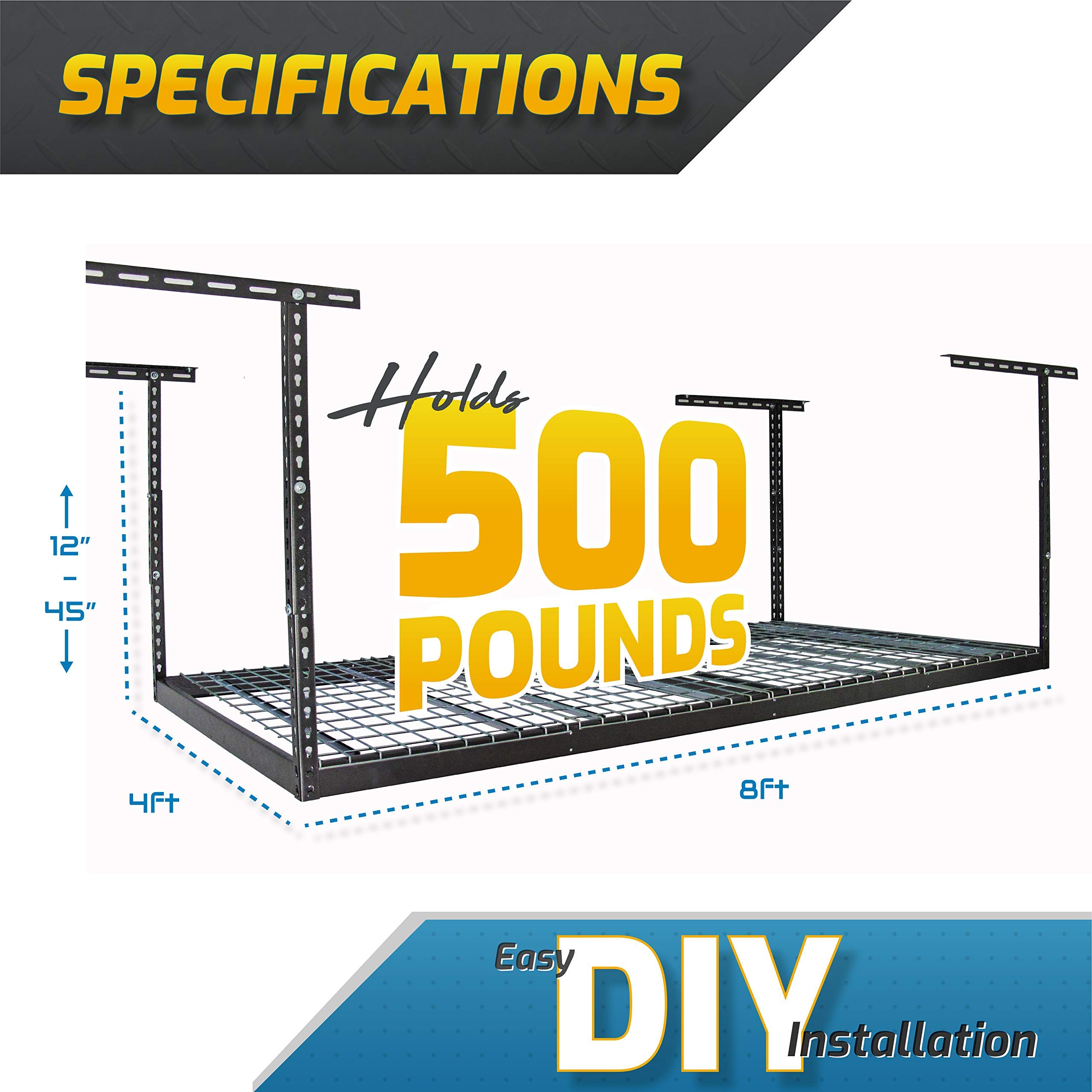 MonsterRAX 4x8 Overhead Garage Storage System - Heavy Duty 4’ x 8’ Ceiling Rack with Storage Bins & Accessories (Hammertone, 24