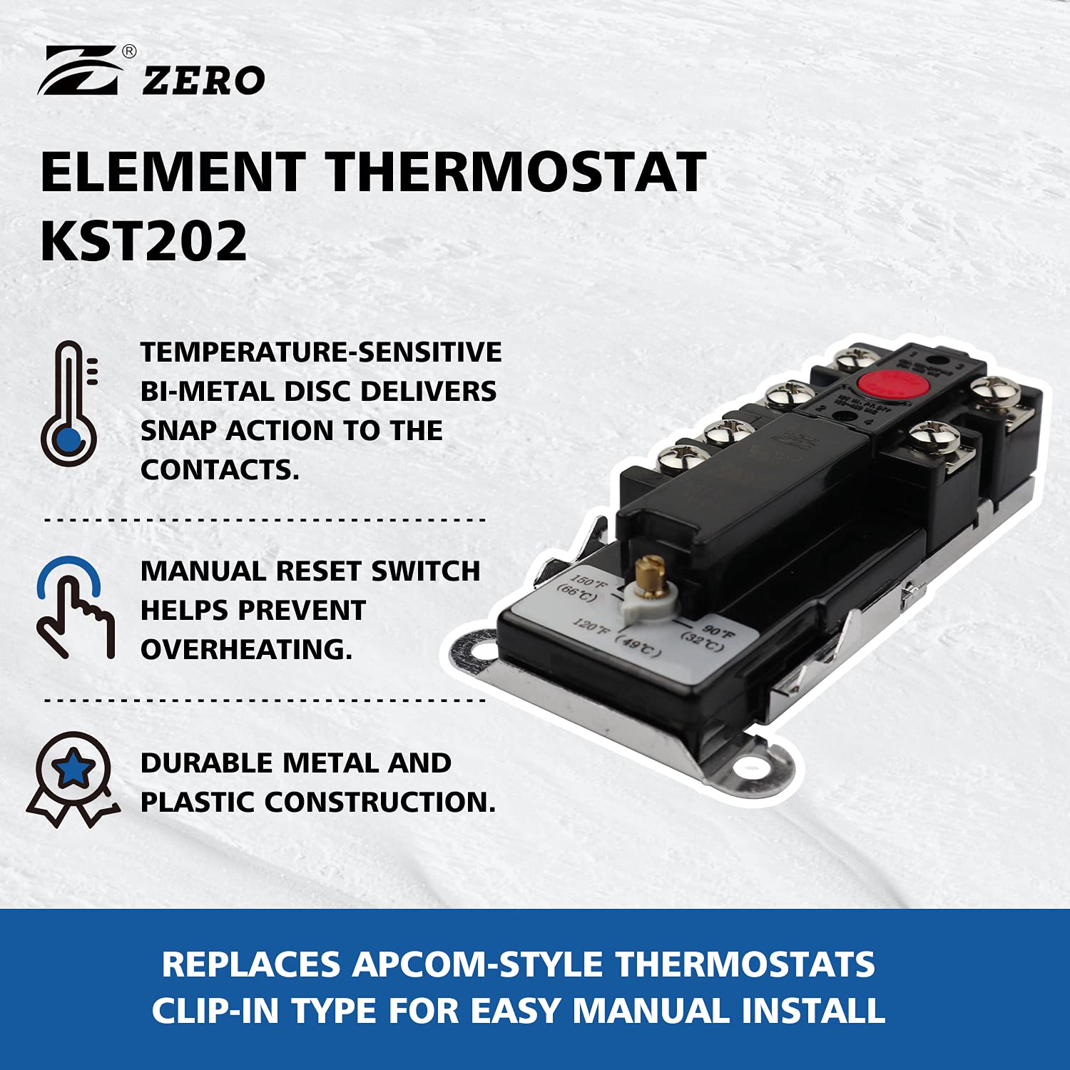 Zero KST202 Single Element Electric Water Heater Thermostat - UL Certified Black Temperature Control Switch for Home & RV Use | Bathroom, Kitchen & Camper Applications