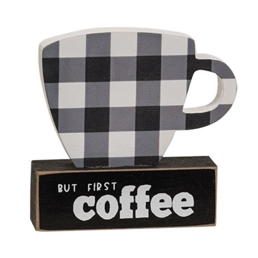 But First Coffee Buffalo Check Coffee Mug with Base - Perfect for Home, Office & Gifting - Insulated Ceramic Cup for Hot & Cold Beverages