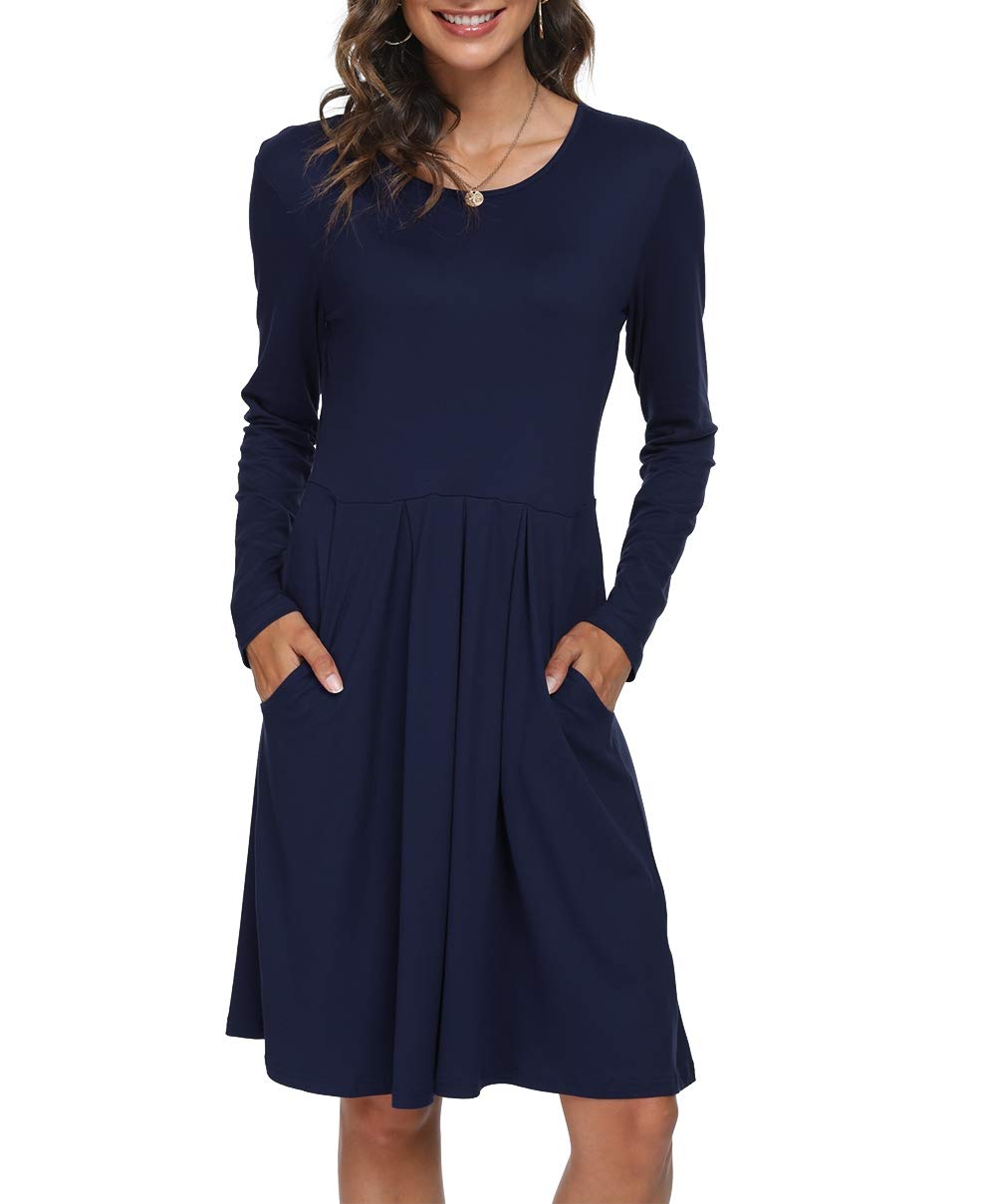 DouBCQ Women's Casual Long Sleeve Flowy Pleated Dress with Pockets - Elegant Fall & Winter Midi Dress for Work, Date Night & Holiday Parties