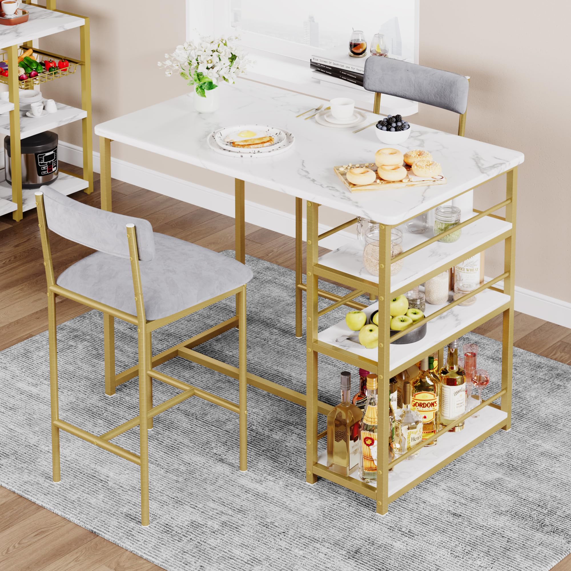 **IDEALHOUSE 3-Piece Counter Height Dining Table Set for 2 - Kitchen Bar Table with 2 Velvet Bar Stools, Small Space & Apartment Friendly in Gray, Gold & White - Perfect for Breakfast Nooks, Studio Apartments & Cozy Dining**
