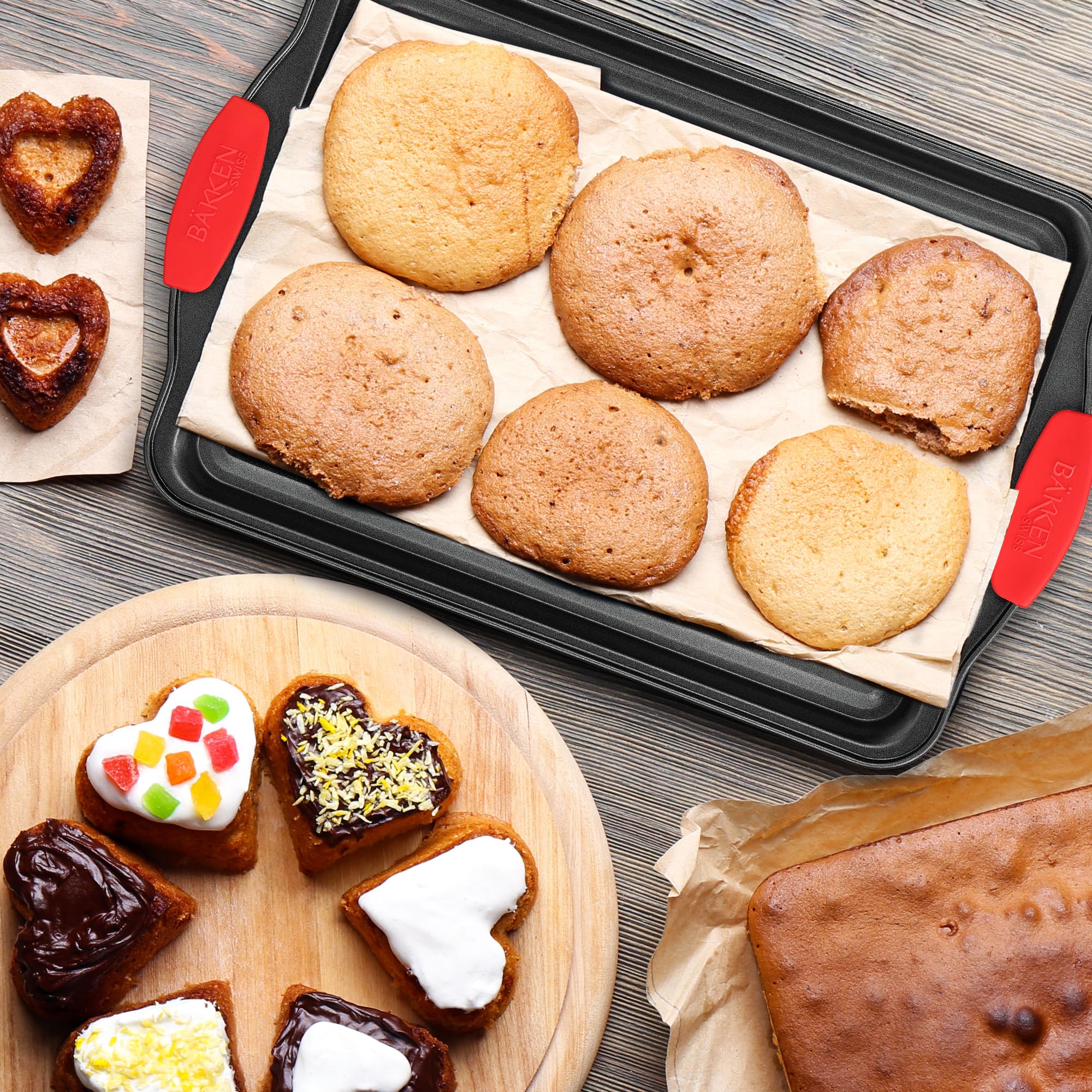 Nonstick Carbon Steel Cookie Sheet Pan with Red Silicone Handles - Medium Baking Tray with Gray Coating for Oven, Baking Cookies, Roasting Vegetables & More - Perfect for Home Kitchen & Commercial Use