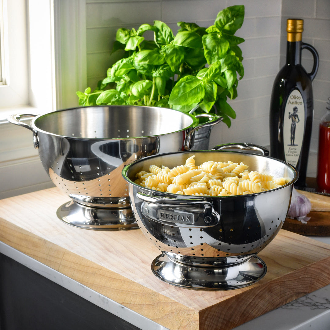 Hestan Provisions 2-Piece Colander Set - 3 Quart & 5 Quart Stainless Steel Kitchen Strainers for Pasta, Vegetables, and Fruits | Perfect for Draining, Washing, and Food Prep