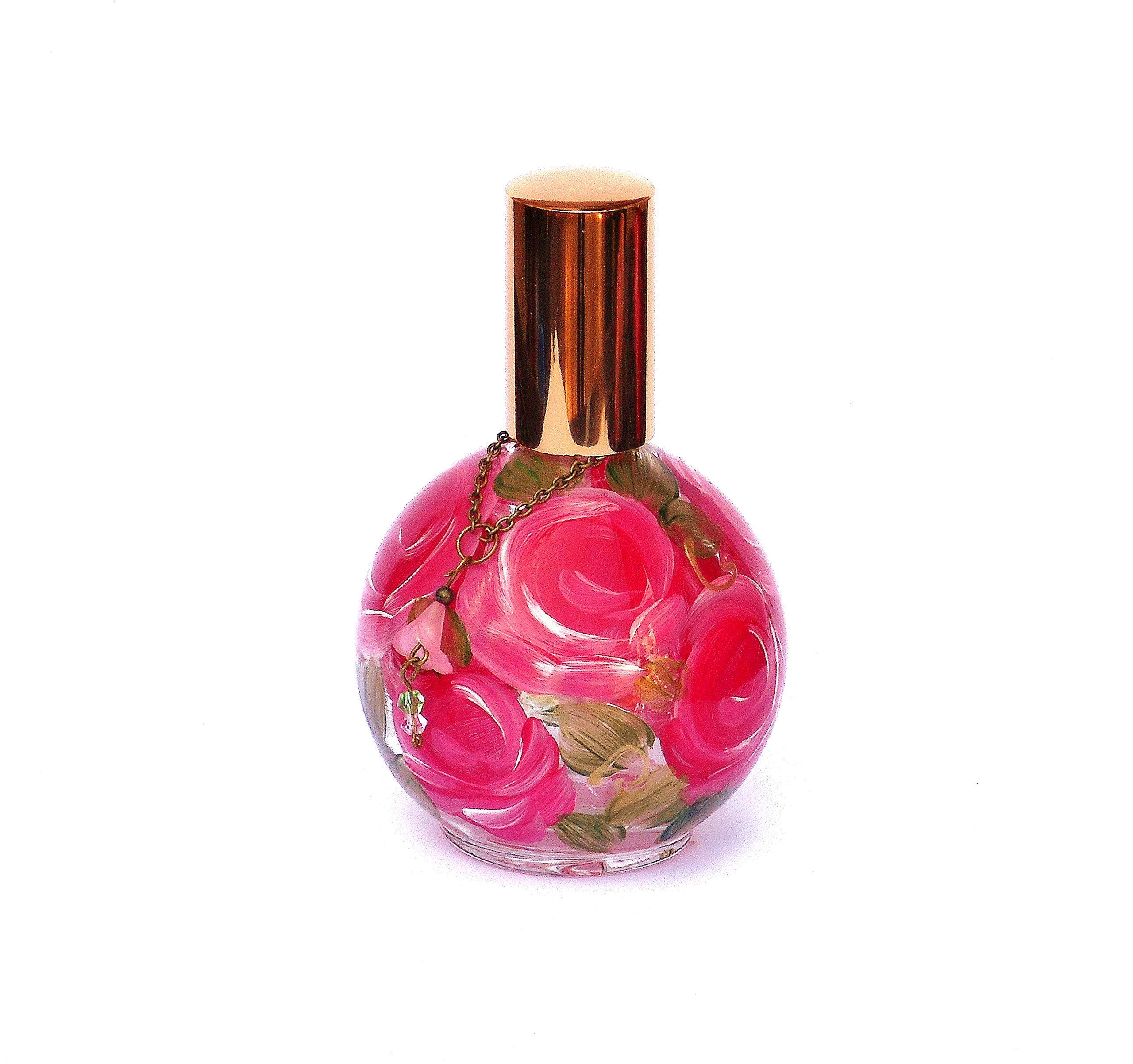 Hand Painted Pink Roses Glass Perfume Bottle with Pump - Romantic Round Soap Dispenser for Bathroom Decor | Shabby Chic Vanity Organizer, Gift for Her, Home Fragrance Essential Oil Sprayer