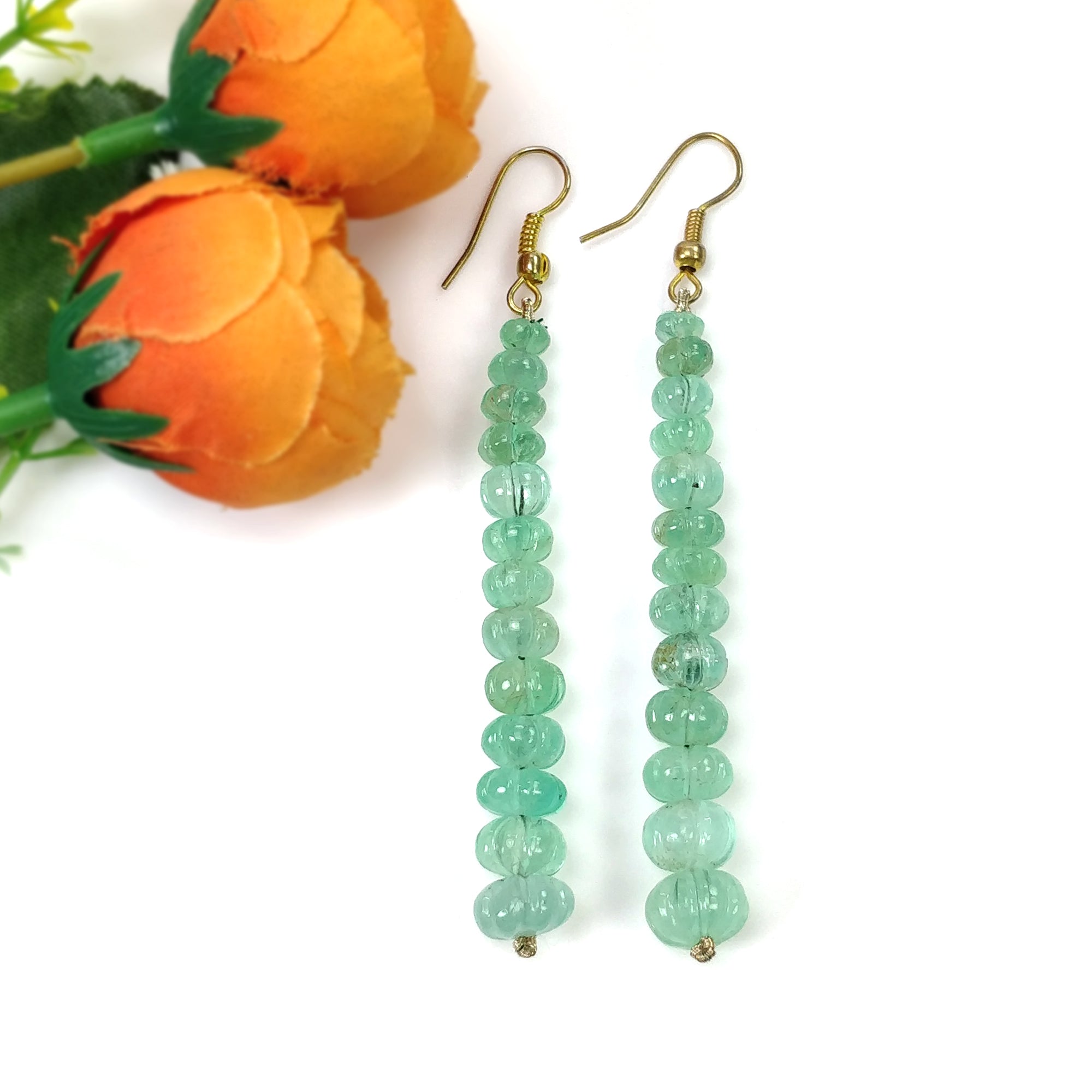 Natural Untreated Emerald Gemstone 925 Sterling Silver Beaded Hook Earrings | 43.50gms | Melon Beads Design | Elegant Jewelry for Women, Gift for Her, Wedding, Party & Special Occasions