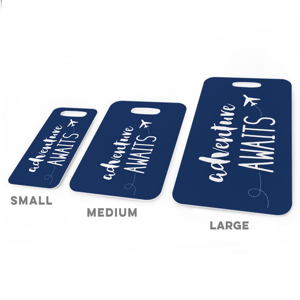 Custom Personalized Adventure Awaits Luggage Tag - Large Navy Blue Travel Bag Tag with ID Info Space | Perfect for Suitcases, Backpacks & Carry-Ons During Air Travel & Vacations