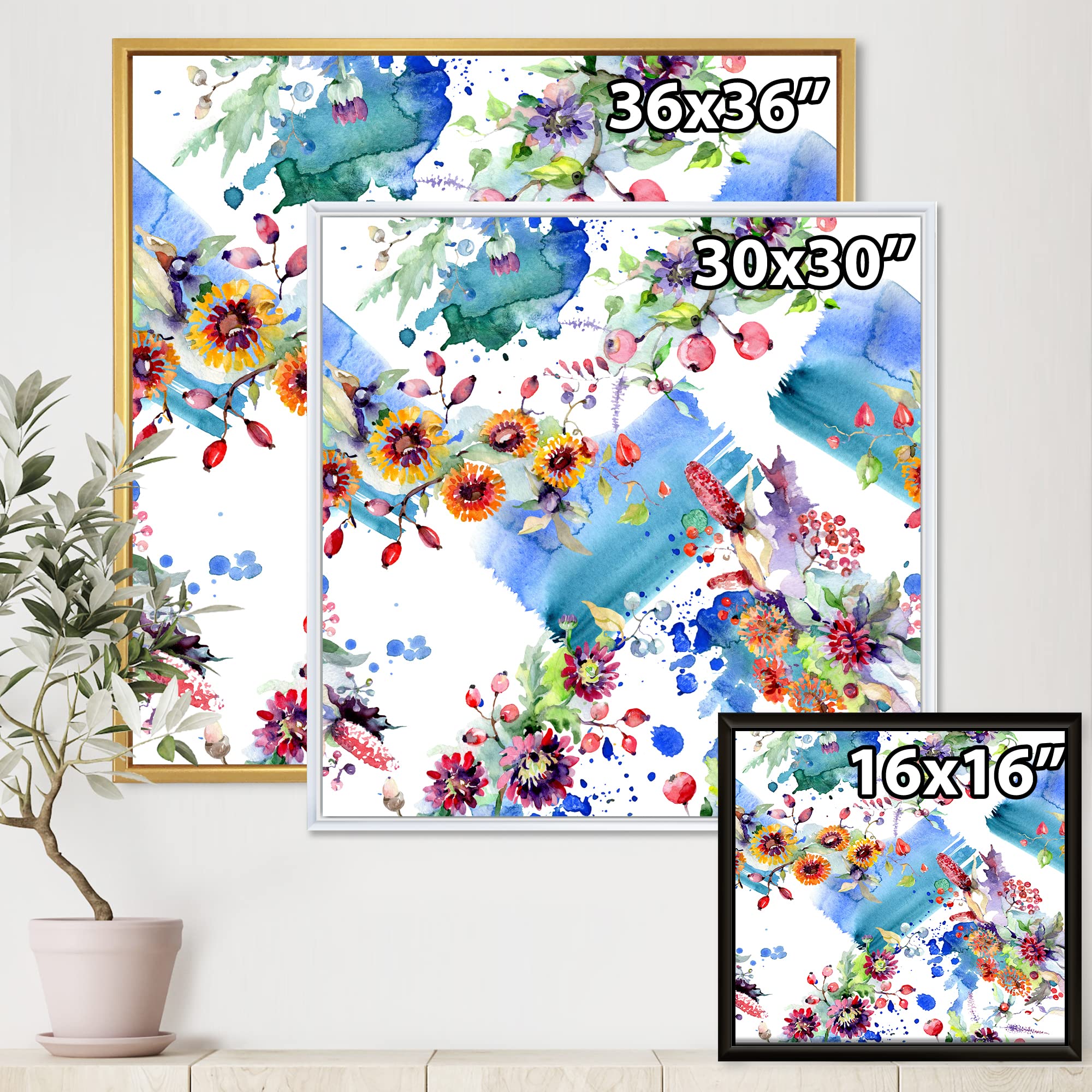 DesignQ Vibrant Wild Spring Leaves & Flowers IX - Modern Framed Canvas Wall Art Print for Living Room, Bedroom & Office Decor