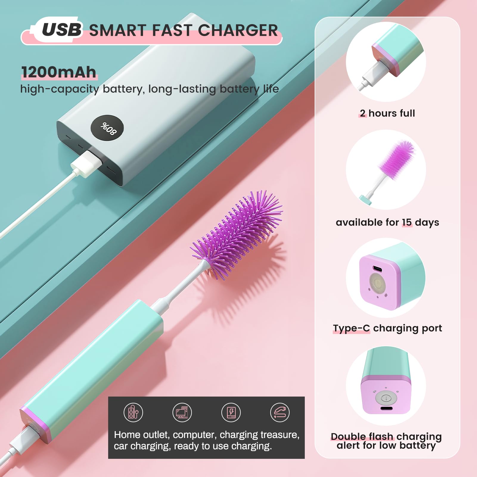 Electric Bottle Brush Set - 360° Automatic Cleaning, IPX7 Waterproof, 2-Speed Silicone Brush for Baby Bottles, Nipples & Straws | Perfect for New Moms & Travel Use