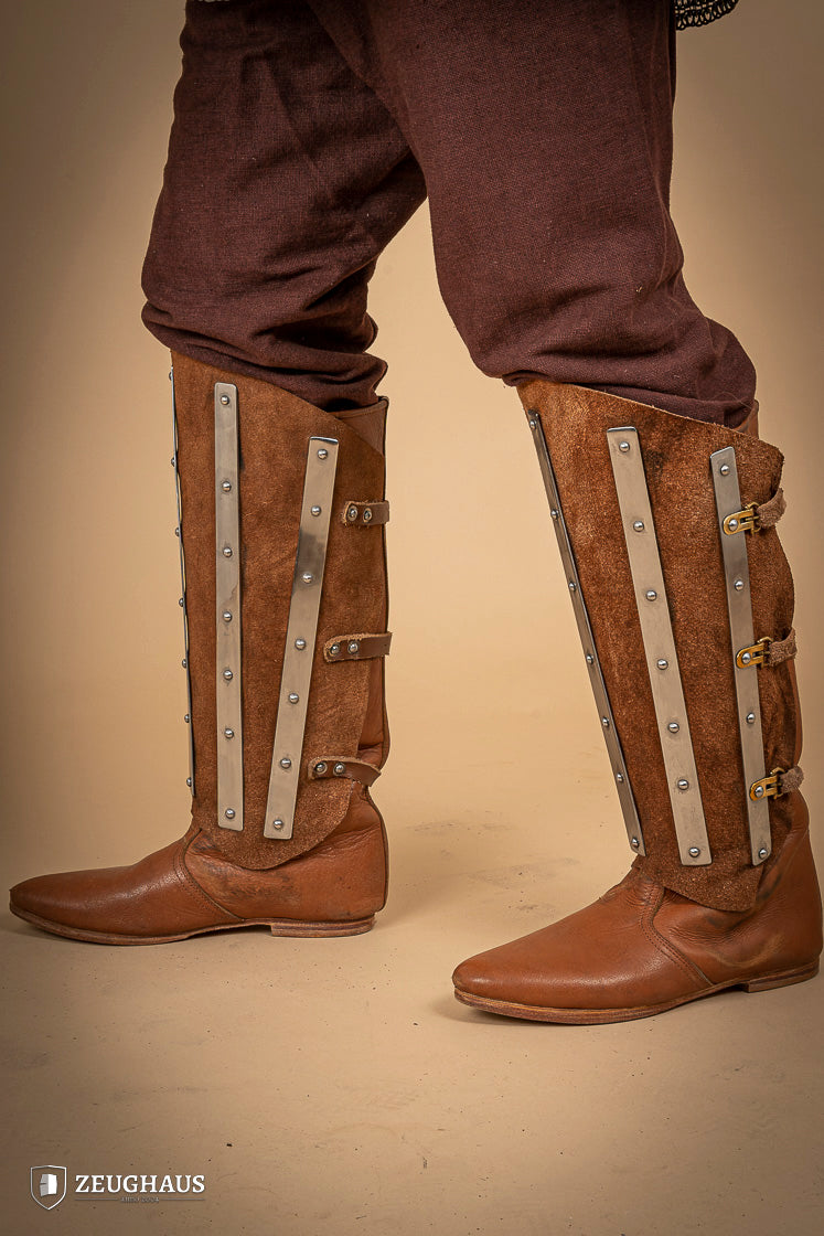 Premium Brown Suede Leather Greaves with Splints - Medieval Armor for LARP, Cosplay & Renaissance Fairs - Perfect for Knights & Warriors