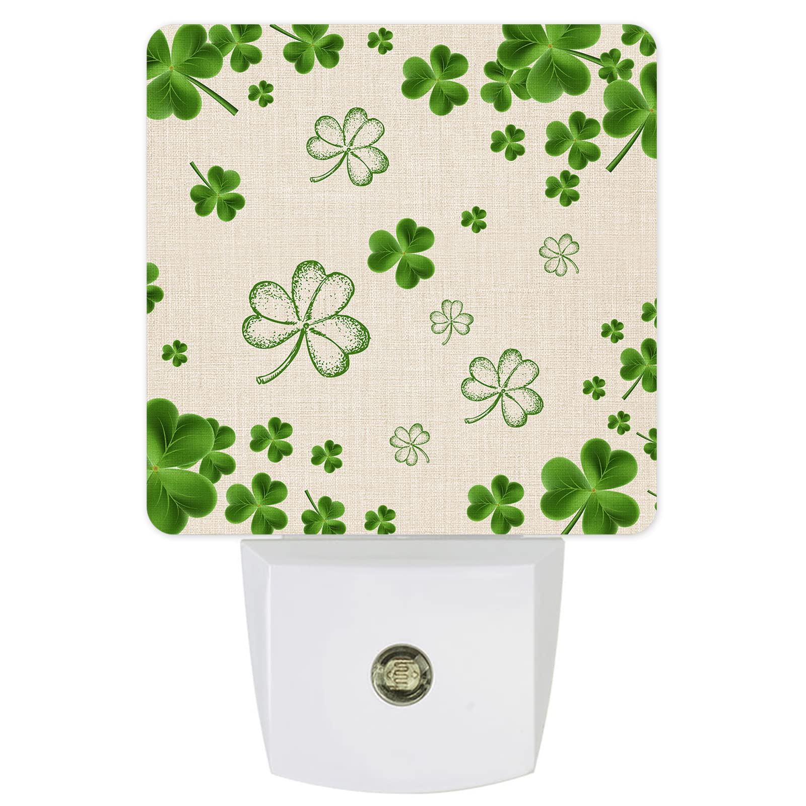 St. Patrick's Day Lucky Shamrock LED Night Light - Auto Sensor Plug-in Night Lamp for Kids, Bedroom, Bathroom, Kitchen & Hallway - Soft Linen Texture Square Dim Light for Safe Nighttime Navigation