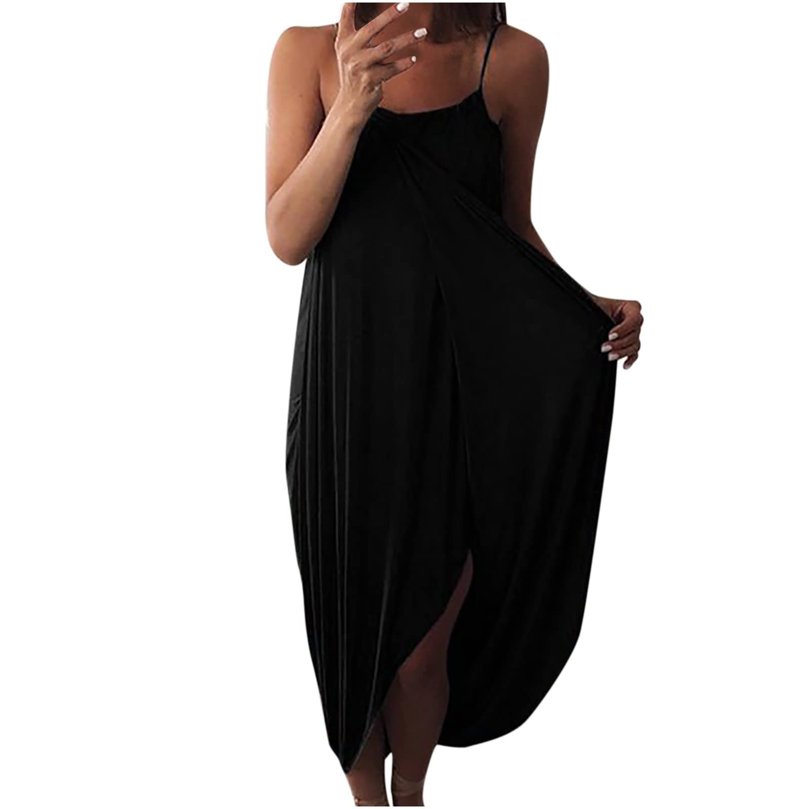 Women's Casual Summer Sleeveless Spaghetti Strap Sun Dress - Asymmetrical Split Loose Beach Midi Dress for Vacation, Pool Party & Outdoor Date Night