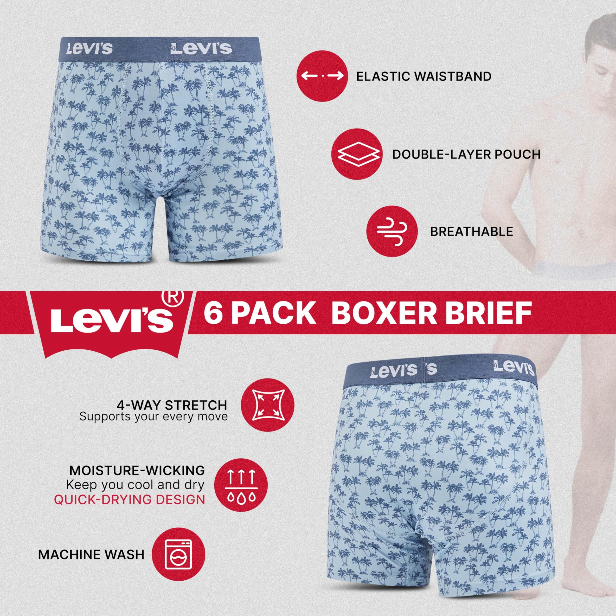 Levi's Men's Underwear 6-Pack Boxer Briefs - Soft Stretch Microfiber Comfortable Underwear for Everyday Wear, Workout & Sleep