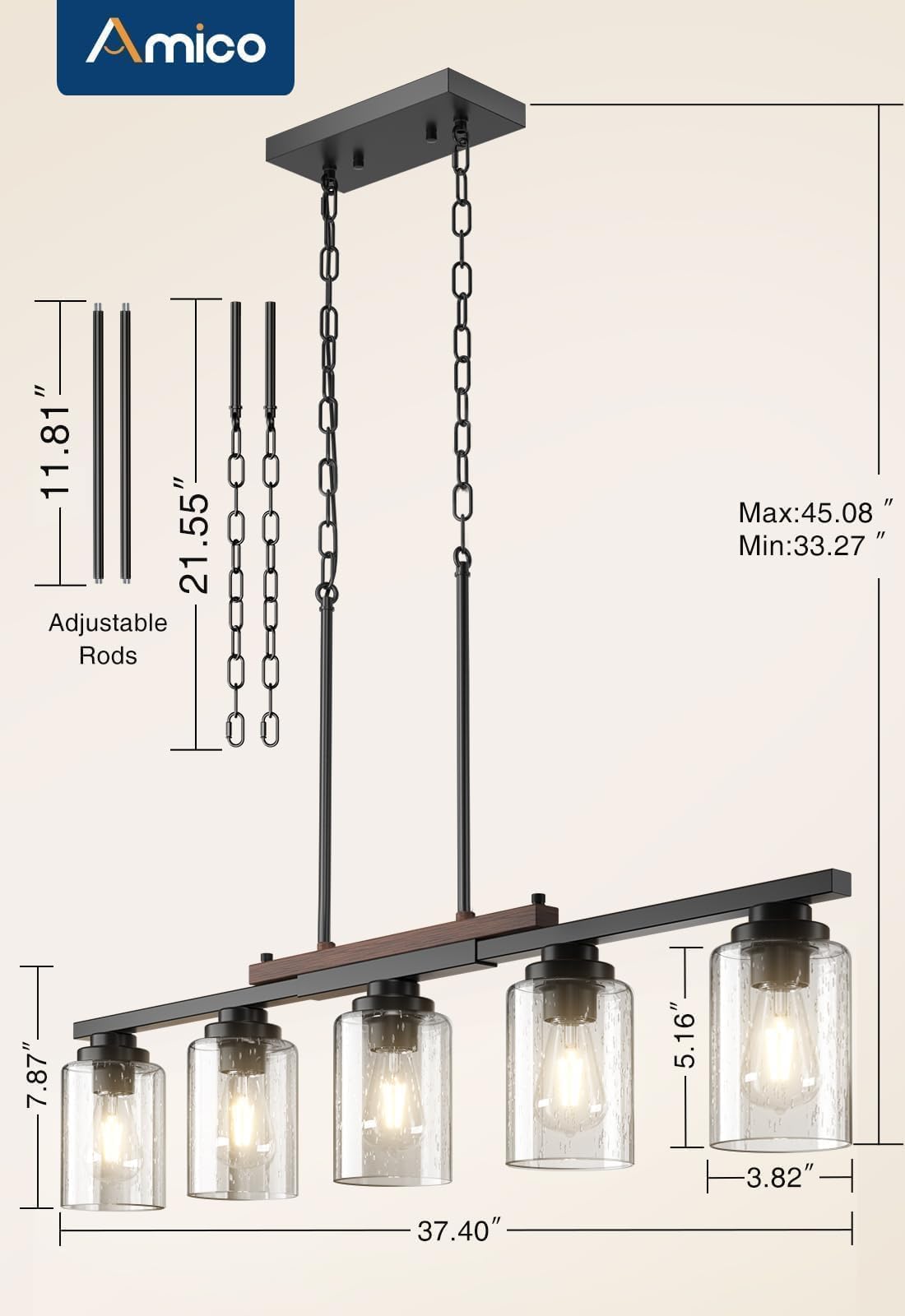 Amico 5-Light Adjustable Farmhouse Chandelier - Black Metal & Wood Kitchen Island Lighting with Seeded Glass Shades | Perfect for Dining Room, Kitchen Island, and Farmhouse Decor